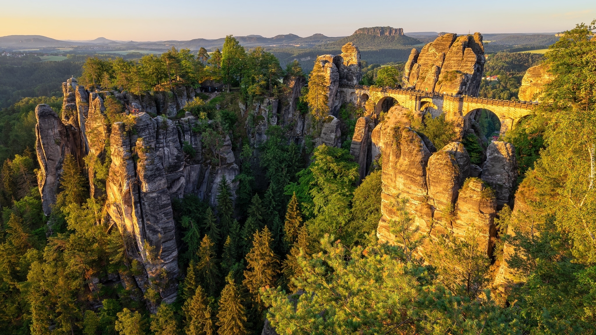 Formacja Bastei, Skały, Drzewa, Most, Park Narodowy Saskiej Szwajcarii, Niemcy