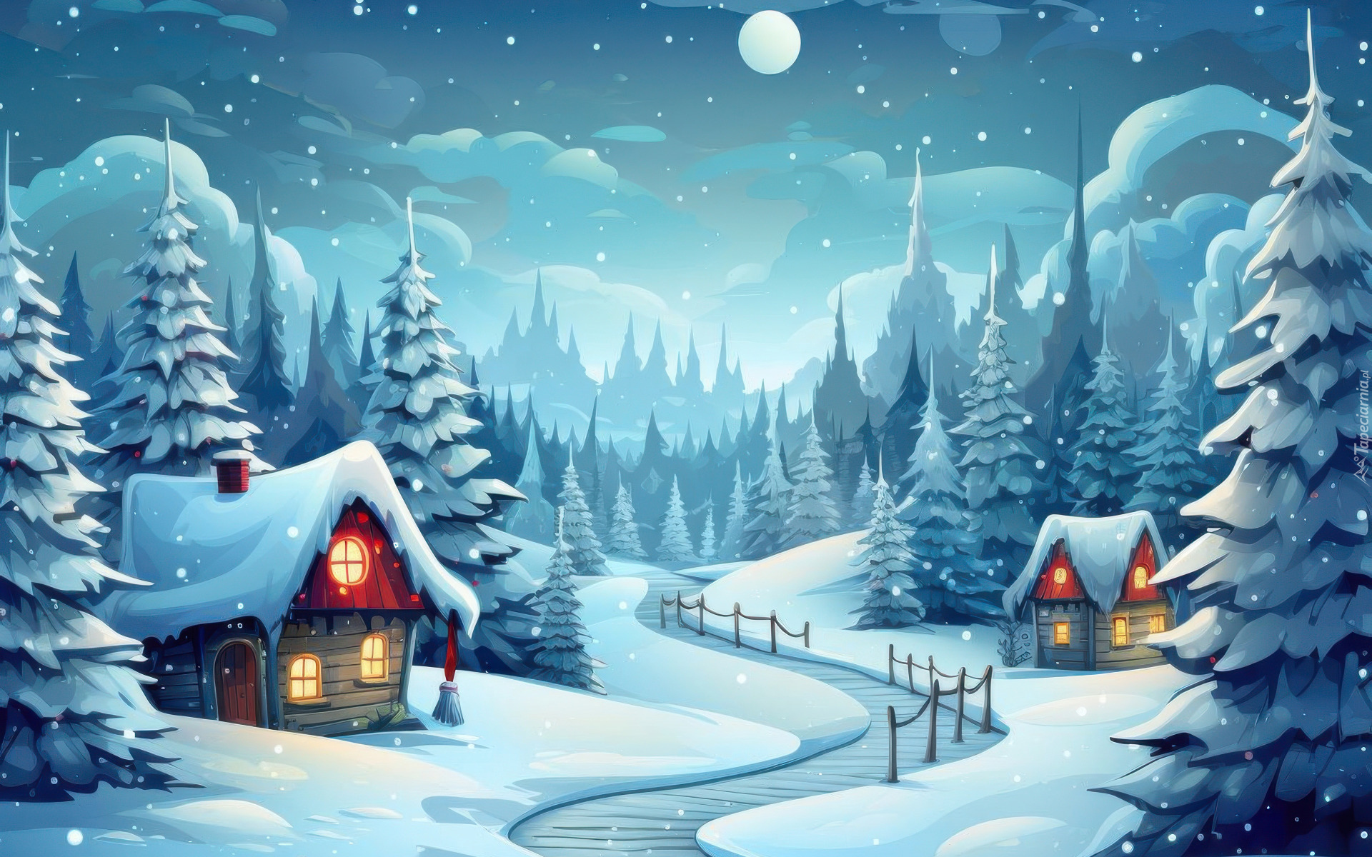 Zima, Domy, Rzeka, Las, Śnieg, Drzewa, Księżyc, AI