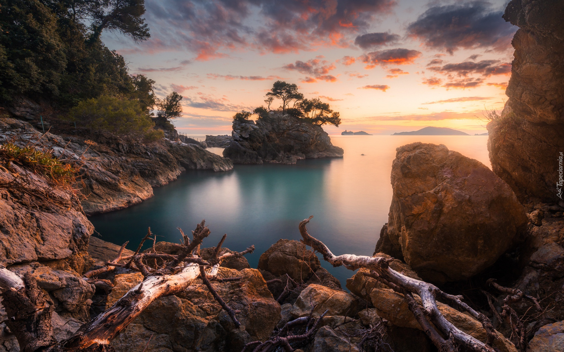 Zachód słońca, Morze, Skały, Kamienie, Drzewa, Liguria, Włochy