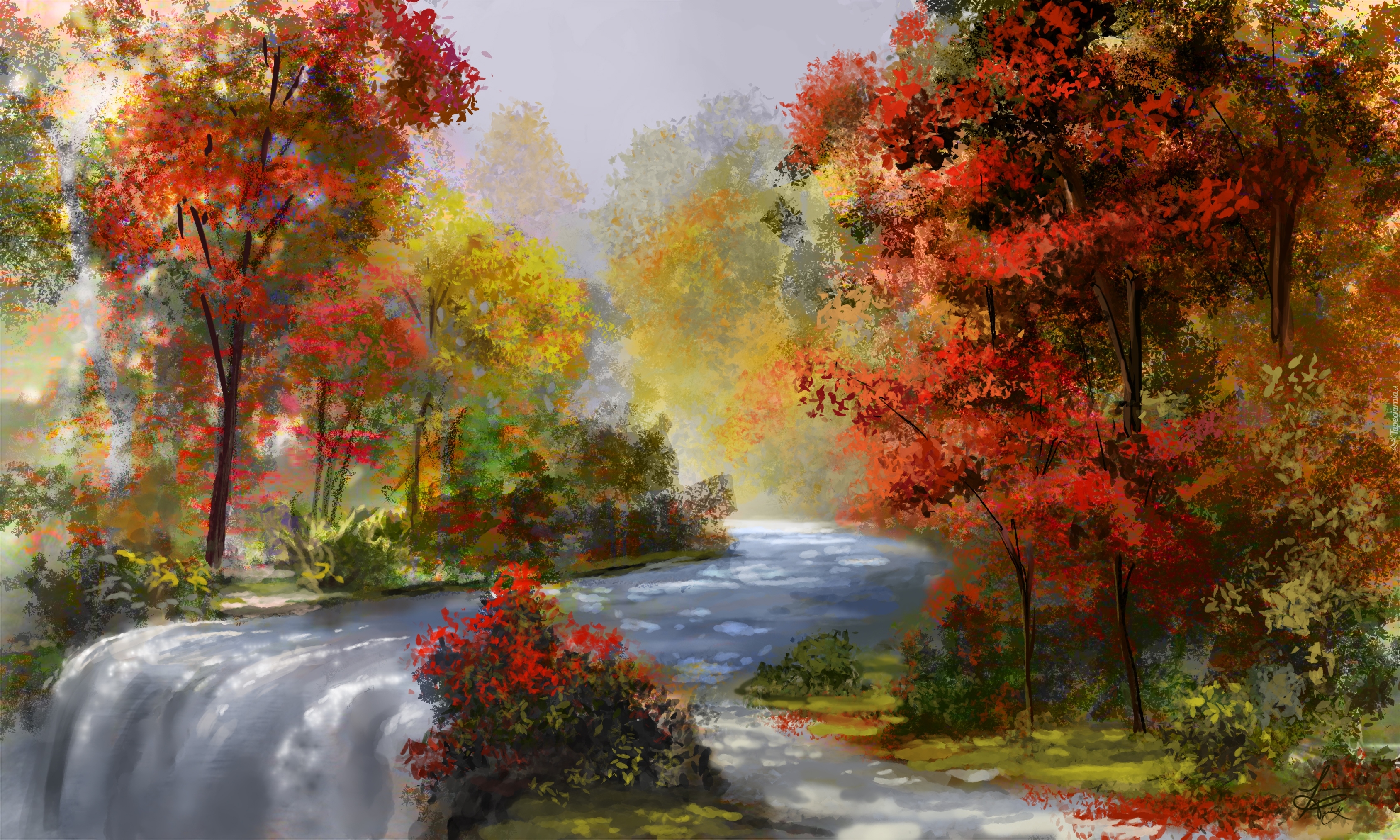 Rzeka, Drzewa, Jesień, Digital Art