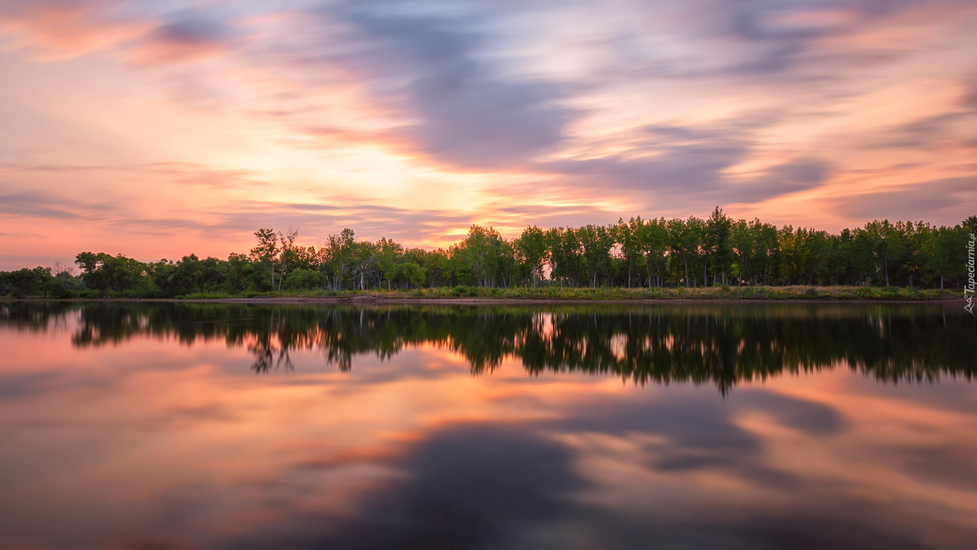 Wschód słońca, Park stanowy, Chatfield State Park, Jezioro, Chatfield Lake, Drzewa, Kolorado, Stany Zjednoczone