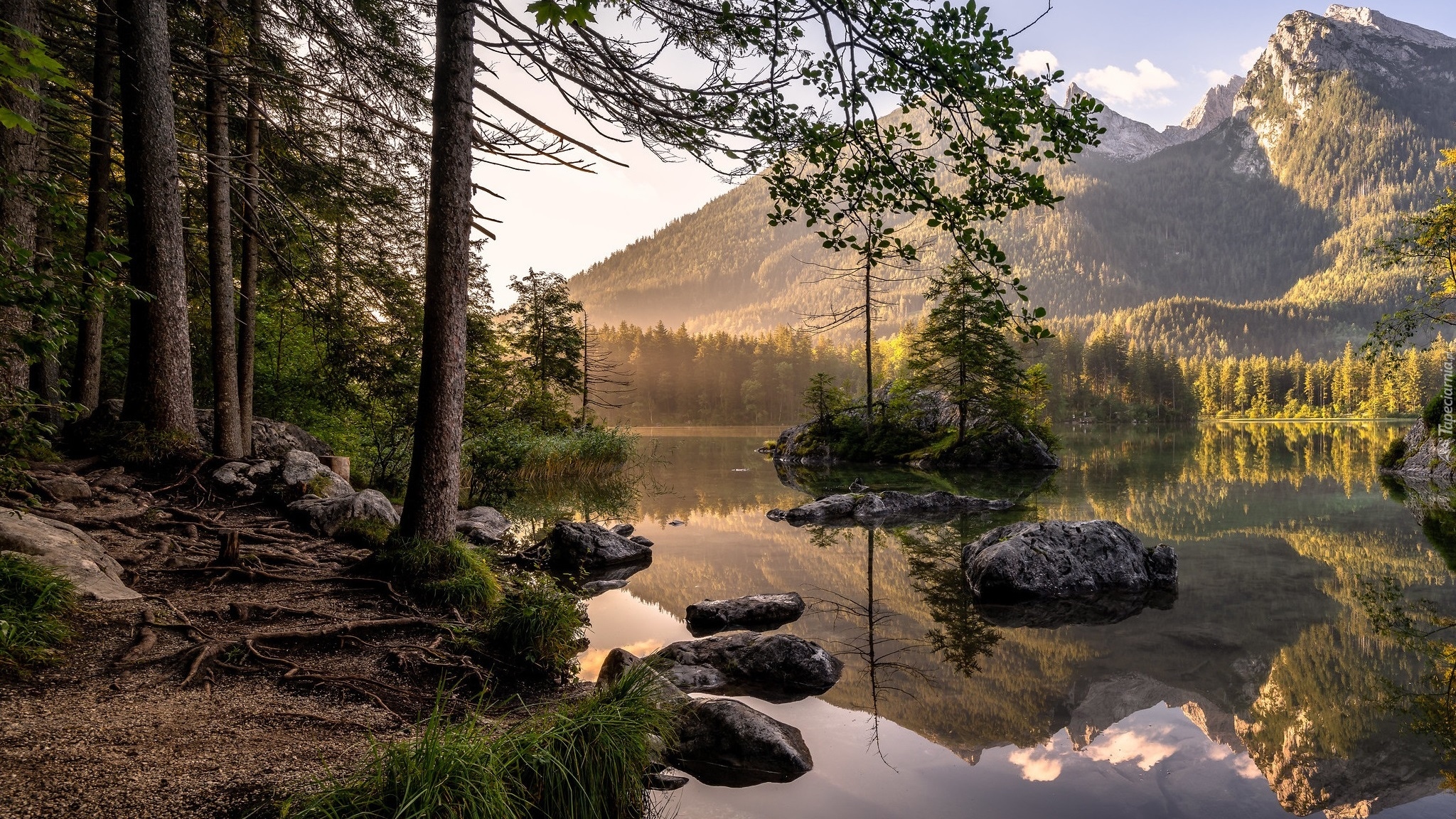 Niemcy, Bawaria, Góry, Alpy, Jezioro Hintersee, Skały, Drzewa