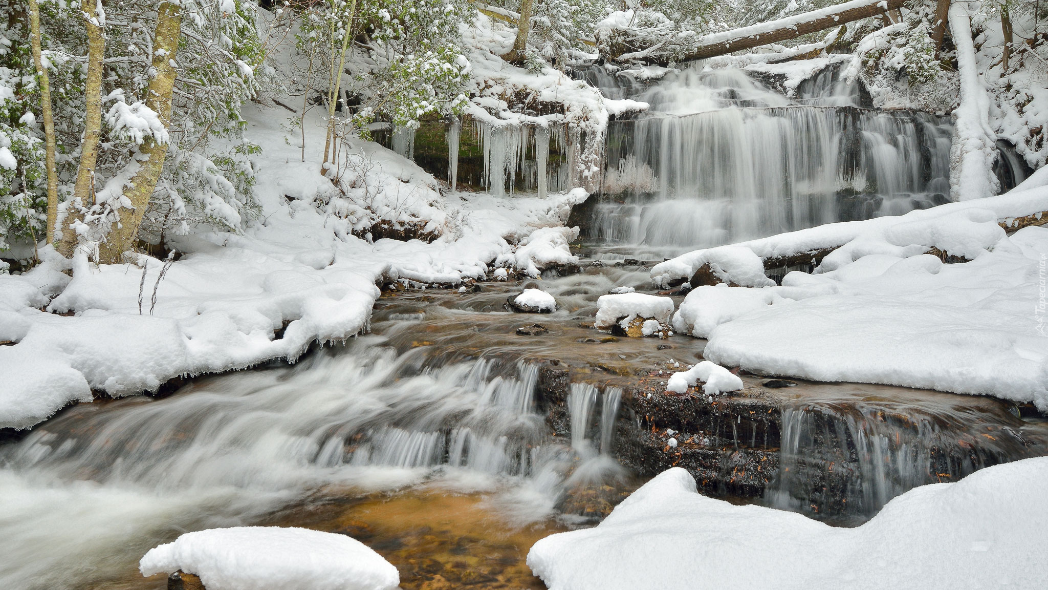 Zima, Śnieg, Drzewa, Rzeka, Wodospad, Wagner Falls, Michigan, Stany Zjednoczone