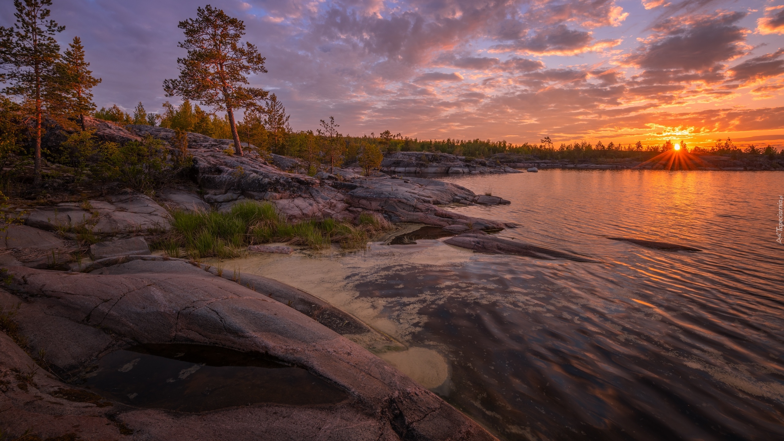 Rosja, Karelia, Jezioro, Ładoga, Promienie słońca, Drzewa, Jesień, Skały
