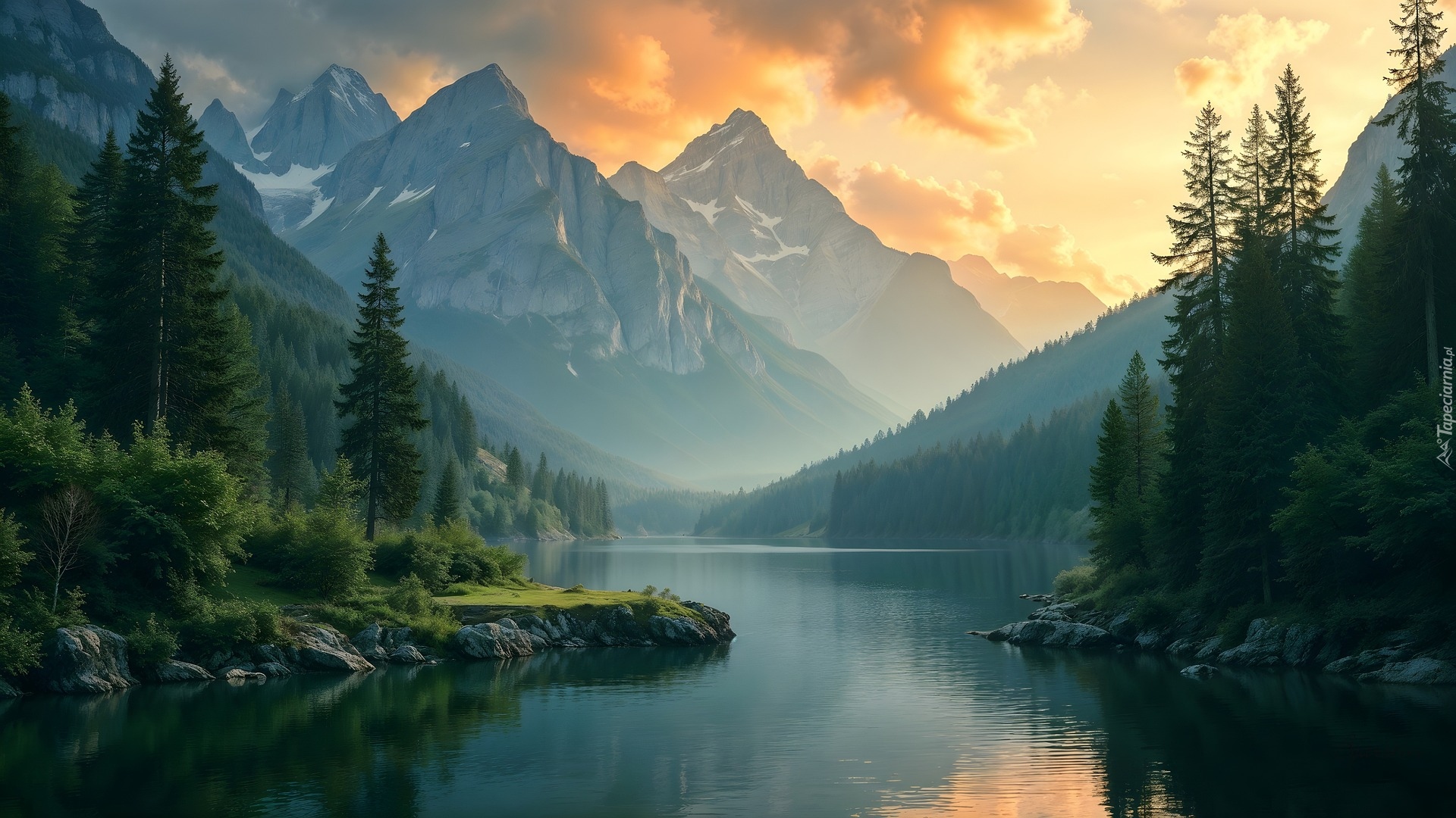 Góry, Jezioro, Wschód słońca, Mgła, Drzewa, AI