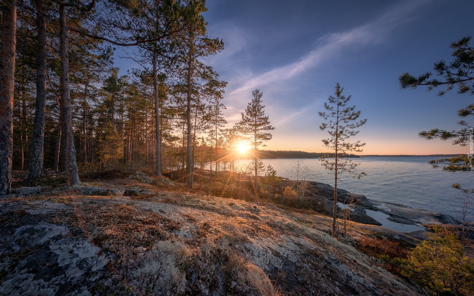 Rosja, Karelia, Jezioro, Ładoga, Drzewa, Skały, Zachód słońca