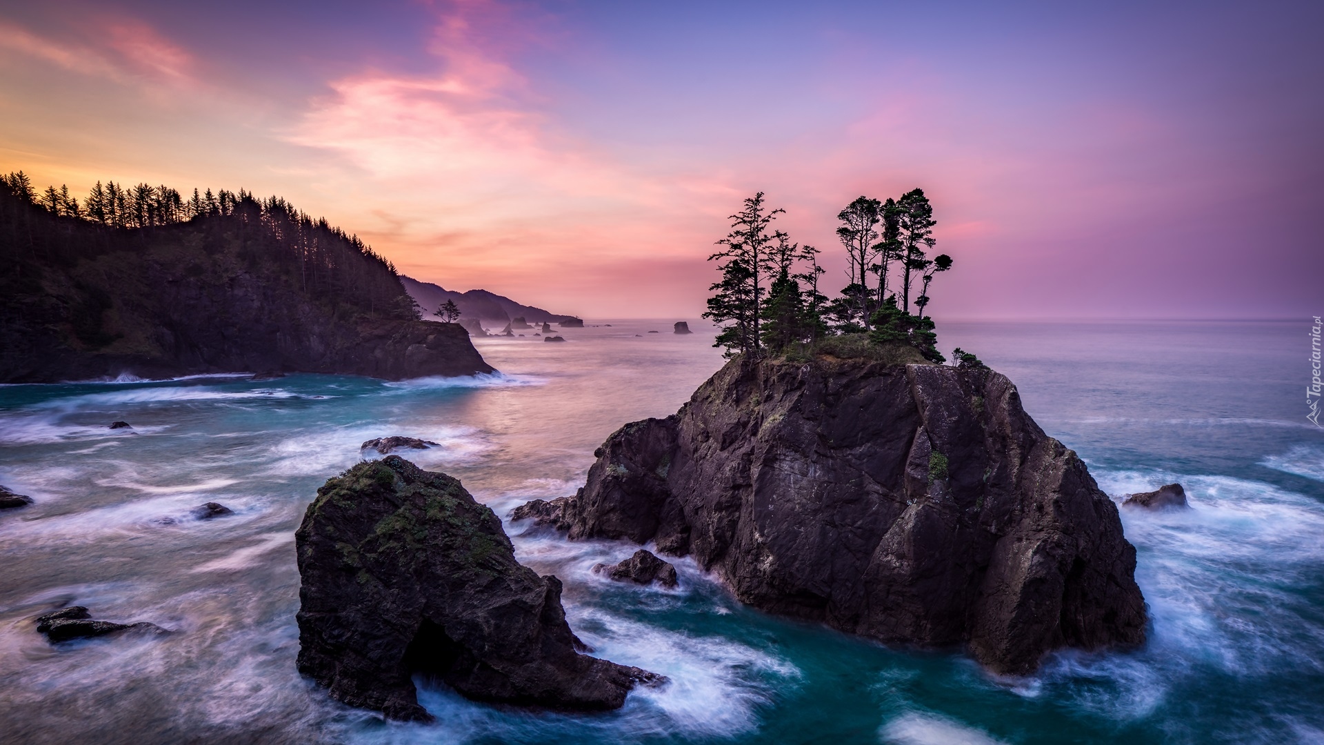 Morze, Skały, Drzewa, Wysepka, Wybrzeże, Wschód słońca, Park stanowy, Samuel H Boardman State Scenic Corridor, Oregon, Stany Zjednoczone