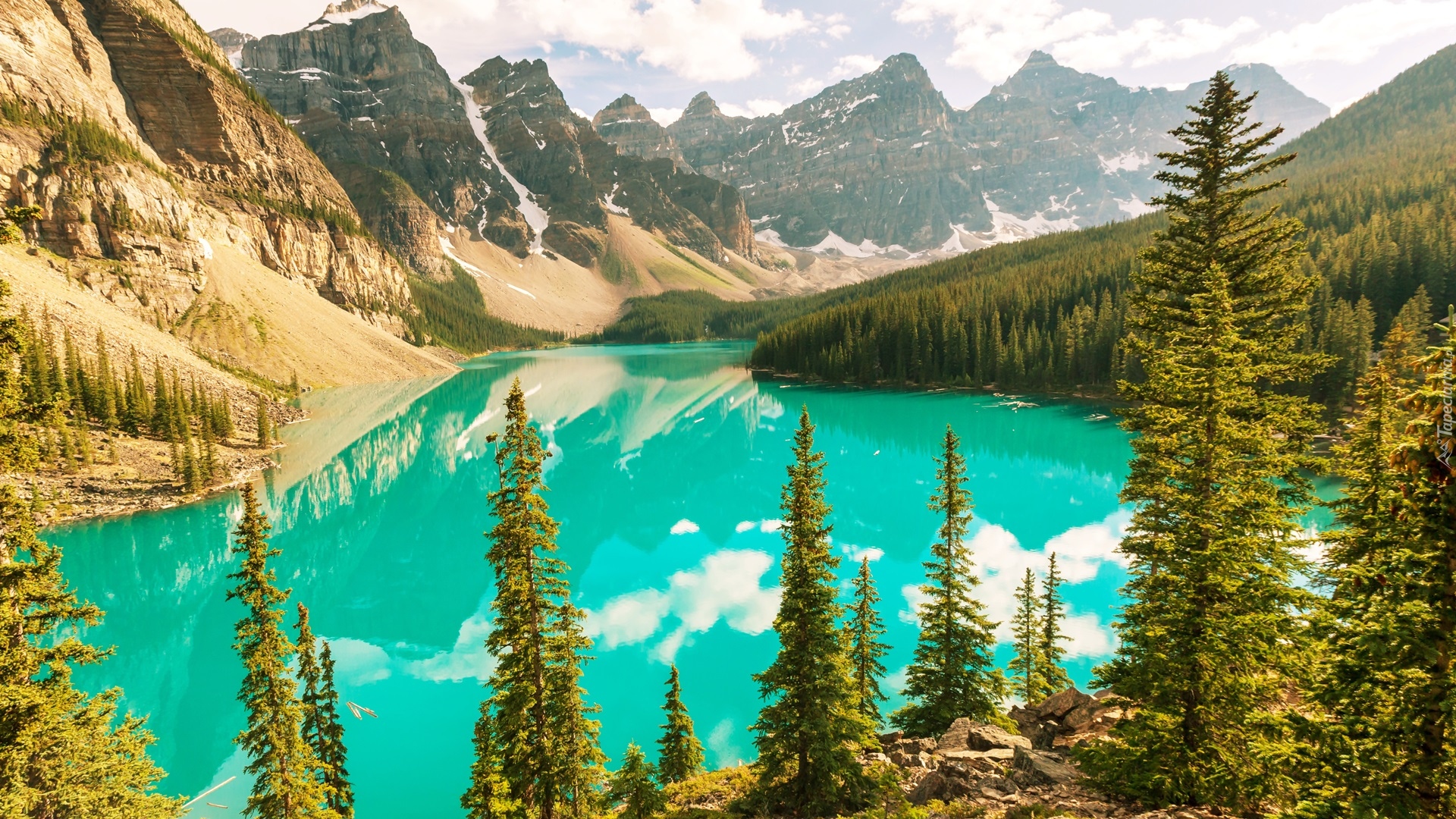 Kanada, Prowincja Alberta, Park Narodowy Banff, Jezioro Moraine, Dolina Dziesięciu Szczytów, Drzewa, Góry