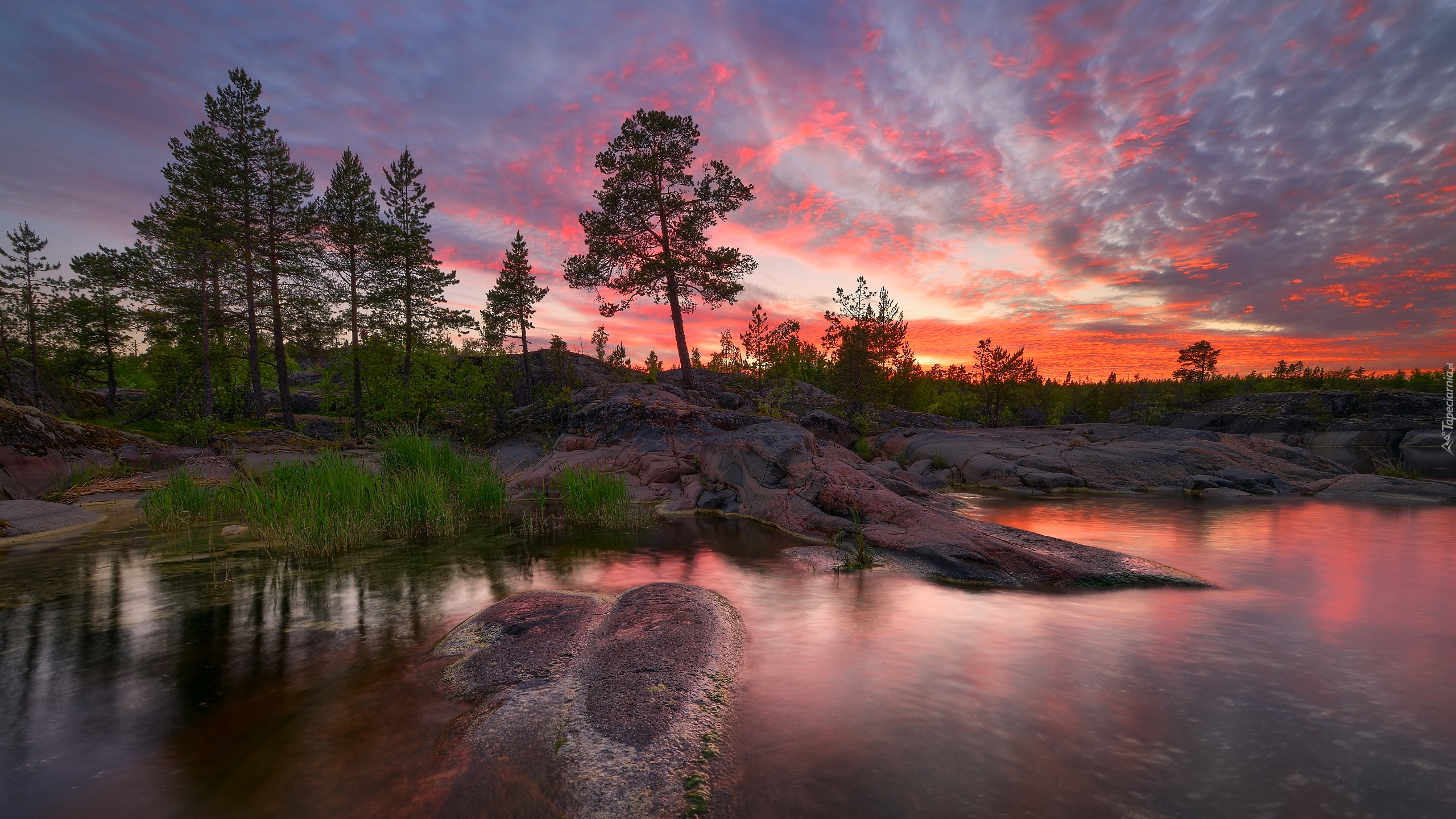 Jezioro Ładoga, Drzewa, Skały, Kolorowe, Niebo, Chmury, Zachód słońca, Karelia, Rosja
