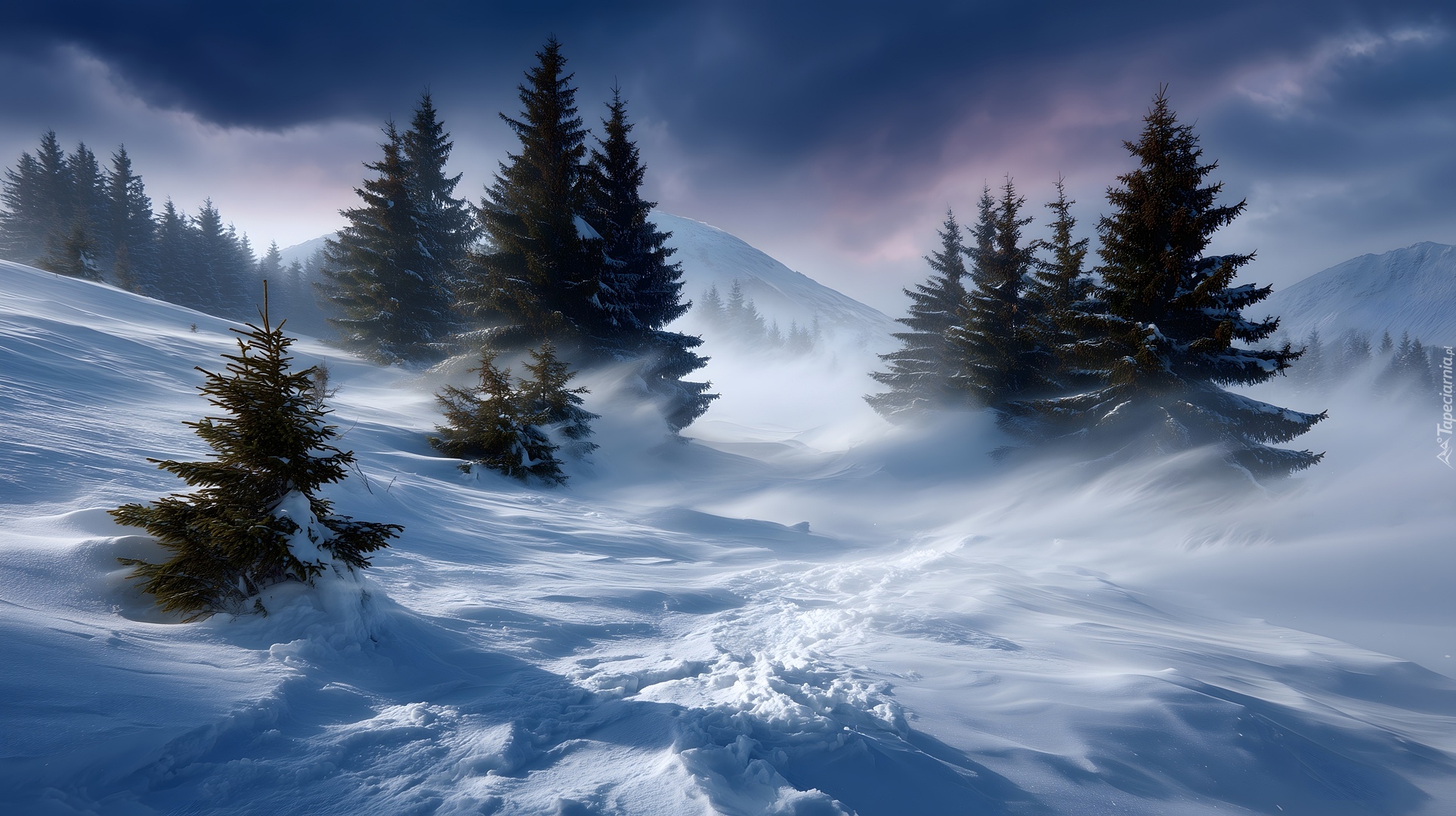 Zima, Zbocze, Drzewa, Świerki, Zamieć, Grafika AI