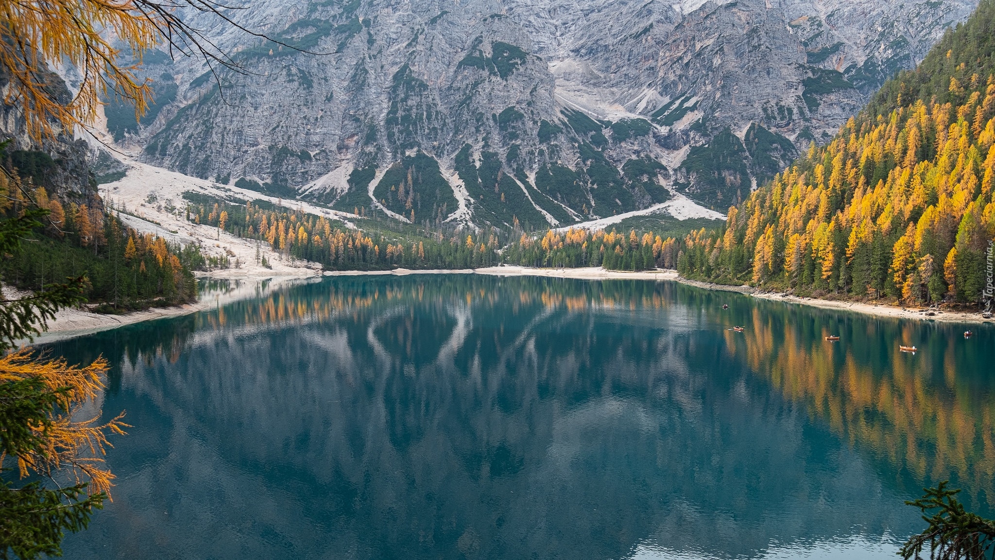 Góry, Dolomity, Skały, Jezioro, Pragser Wildsee, Drzewa, Tyrol, Włochy