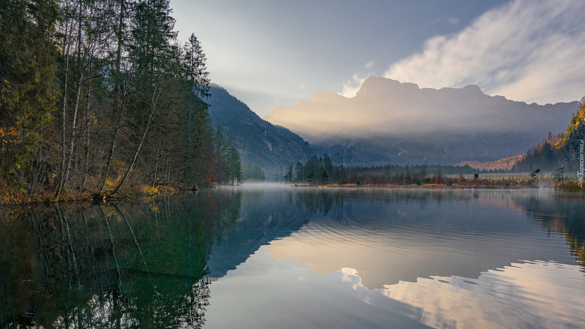 Góry, Jezioro Almsee, Mgła, Drzewa, Odbicie, Austria