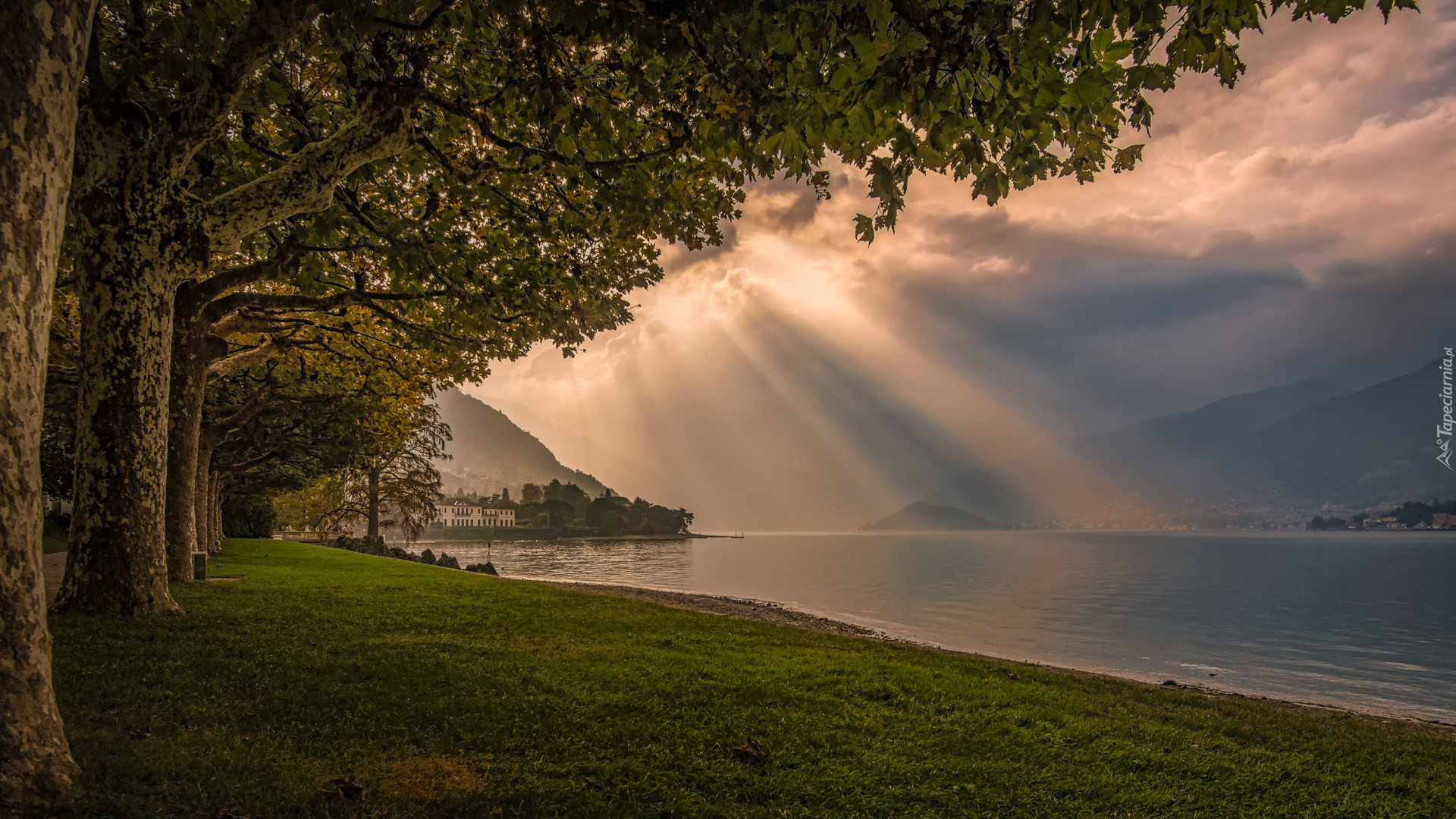 Jezioro Como, Góry, Drzewa, Domy, Przebijające światło, Ogród Villa Melzi, Bellagio, Włochy