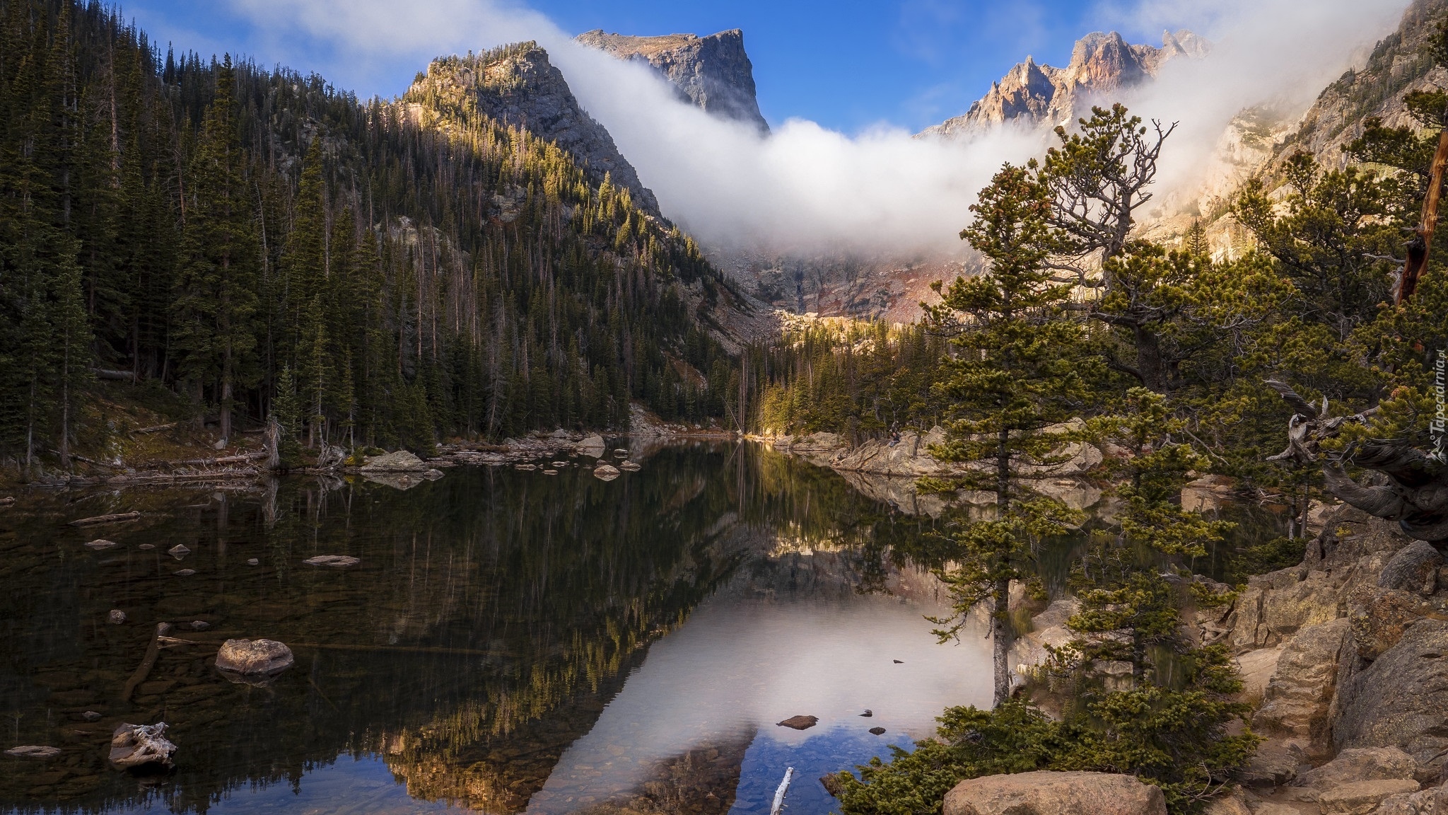 Góry, Chmury, Drzewa, Jezioro, Dream Lake, Park Narodowy Gór Skalistych, Kolorado, Stany Zjednoczone