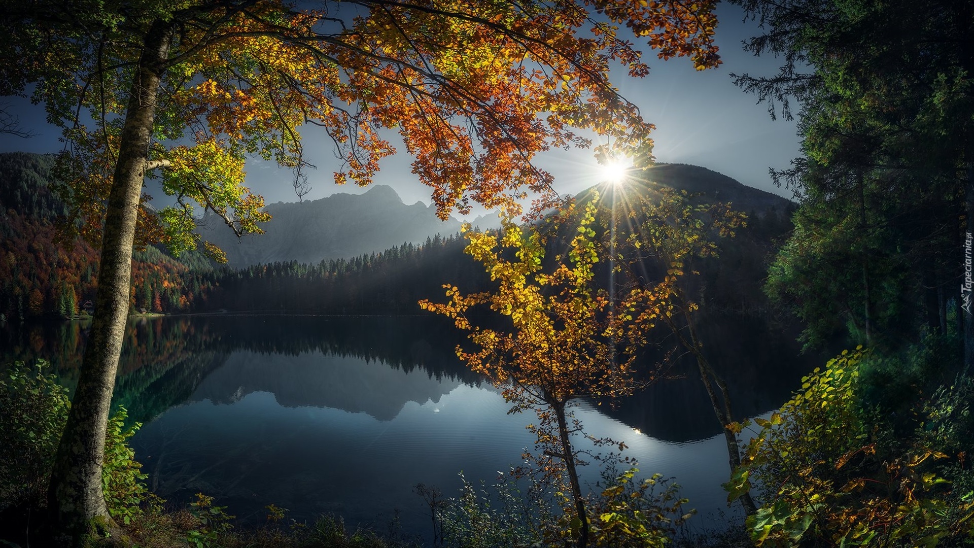 Góry, Alpy Julijskie, Jezioro, Laghi di Fusine, Drzewa, Jesień, Promienie słońca, Prowincja Udine, Włochy