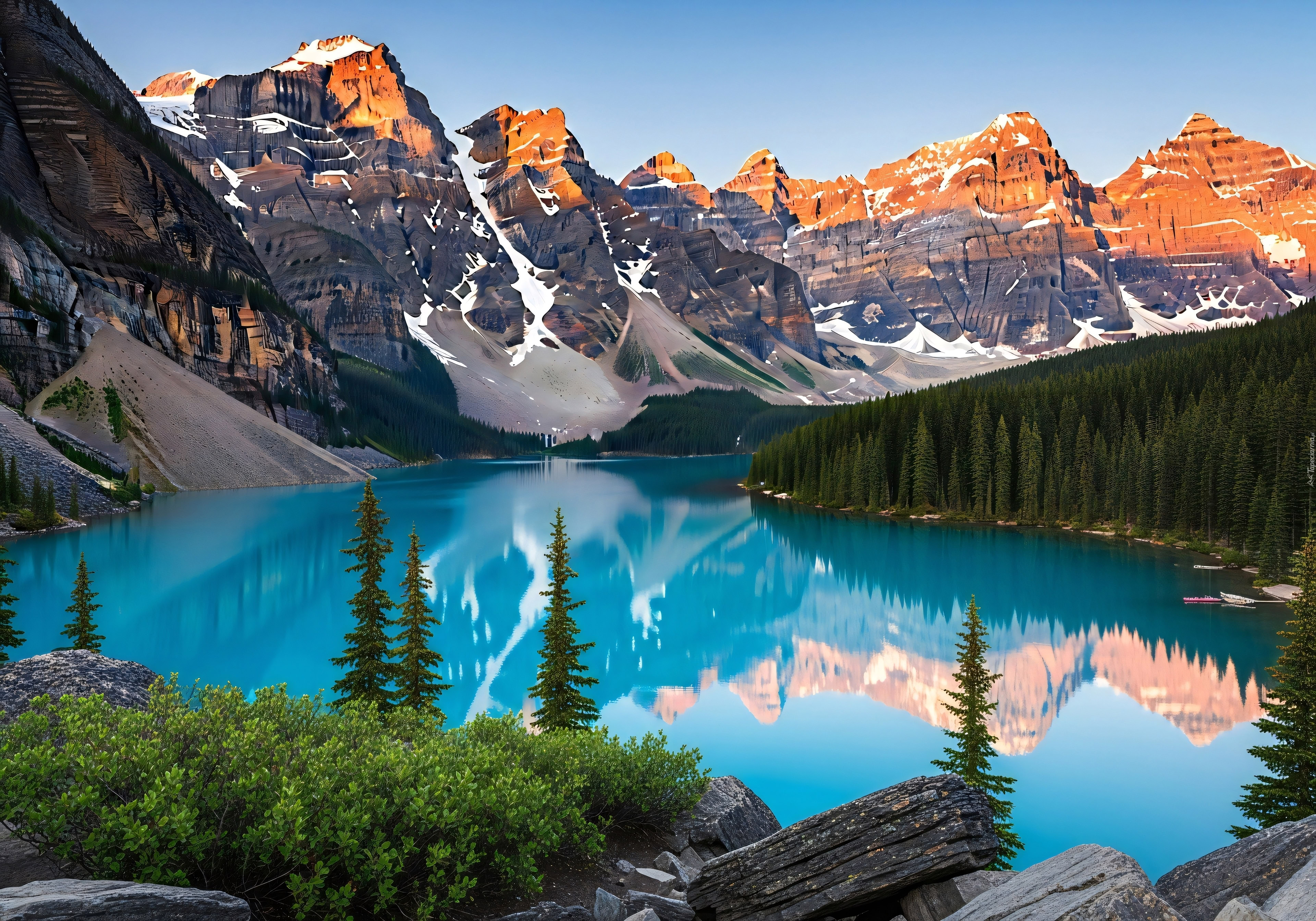 Jezioro, Moraine Lake, Góry, Skały, Drzewa, Park Narodowy Banff, Alberta, Kanada