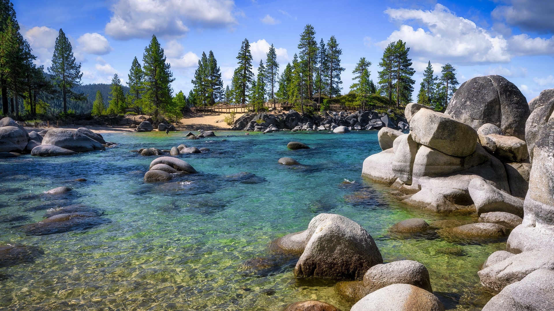 Jezioro, Tahoe Lake, Sand Harbor, Kamienie, Głazy, Drzewa, Nevada, Stany Zjednoczone