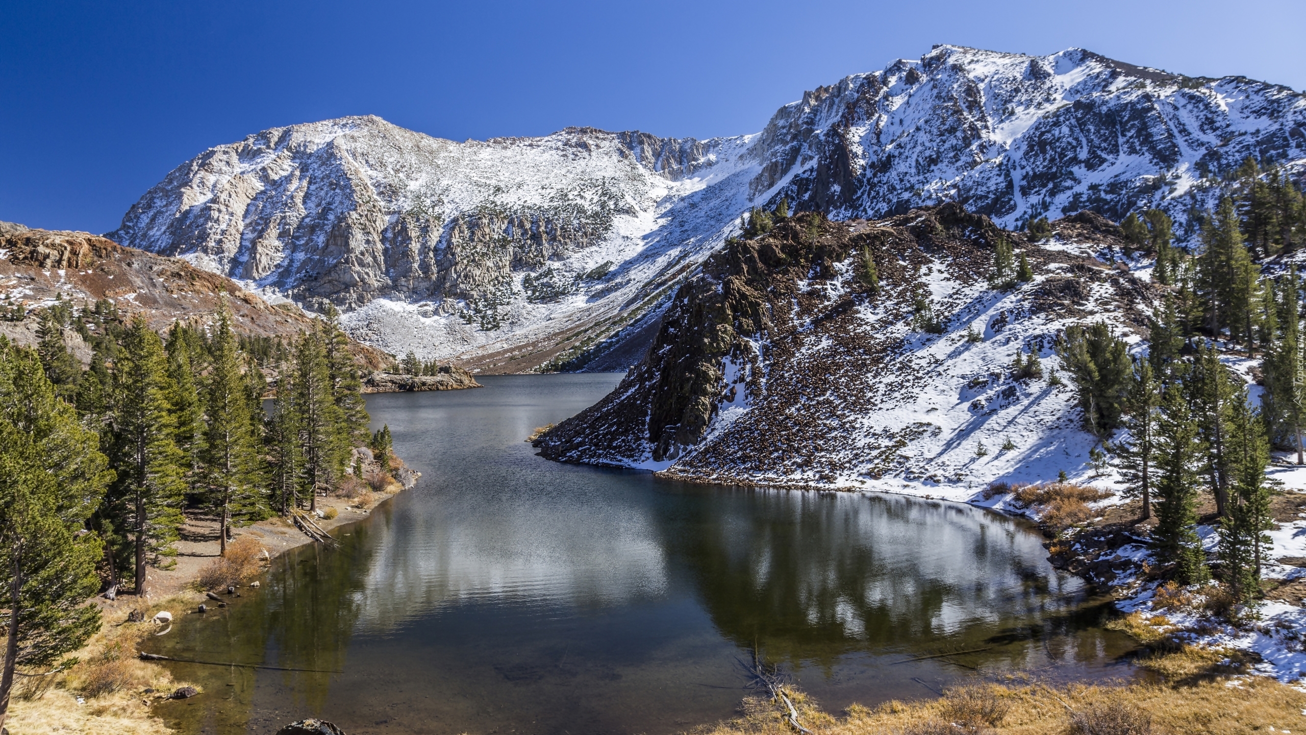 Stany Zjednoczone, Kalifornia, Park Narodowy Yosemite, Jezioro Ellery, Góry, Zima