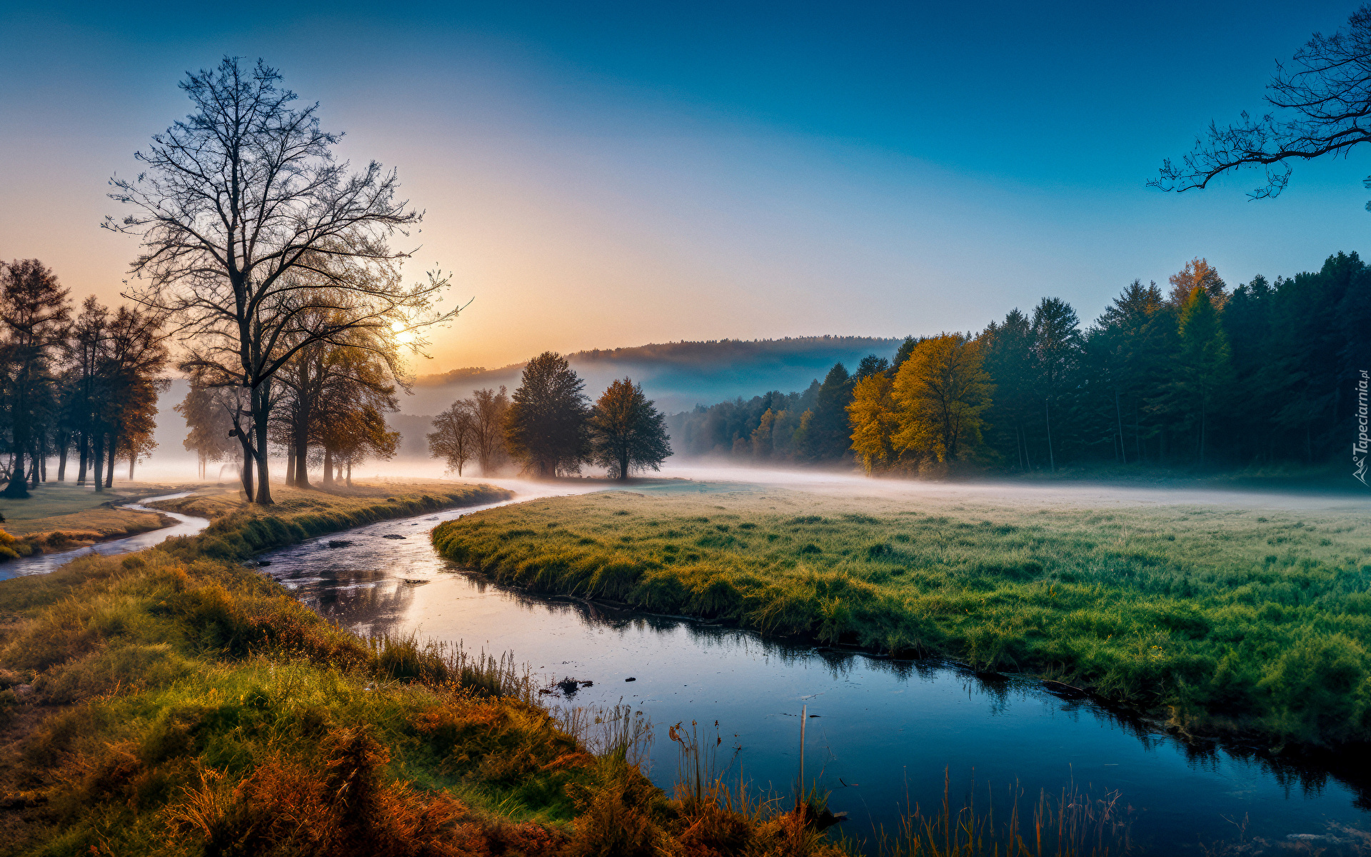 Góry, Las, Mgła, Pola, Rzeka, Poranek