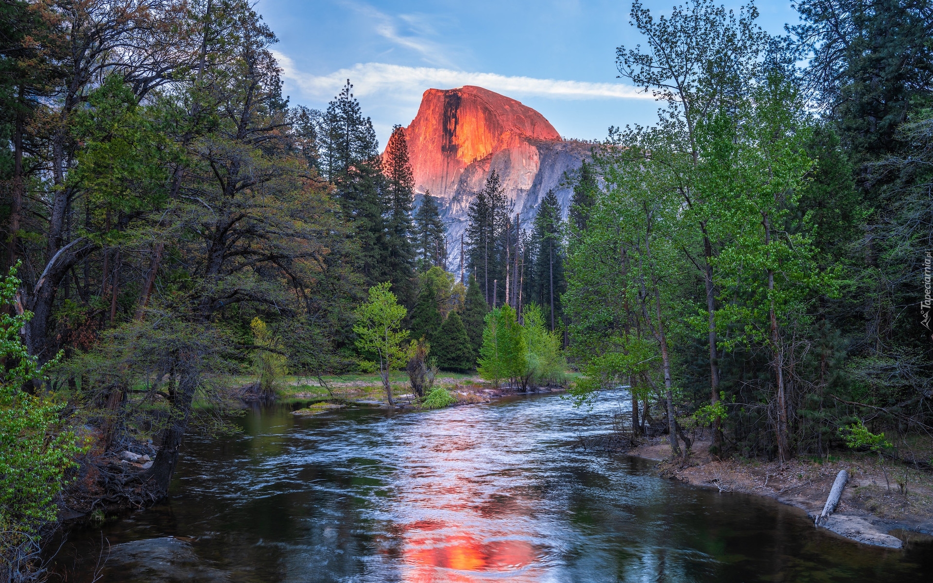 Park Narodowy Yosemite, Rzeka, Merced River, Góry, Góra Half Dome, Drzewa, Kalifornia, Stany Zjednoczone