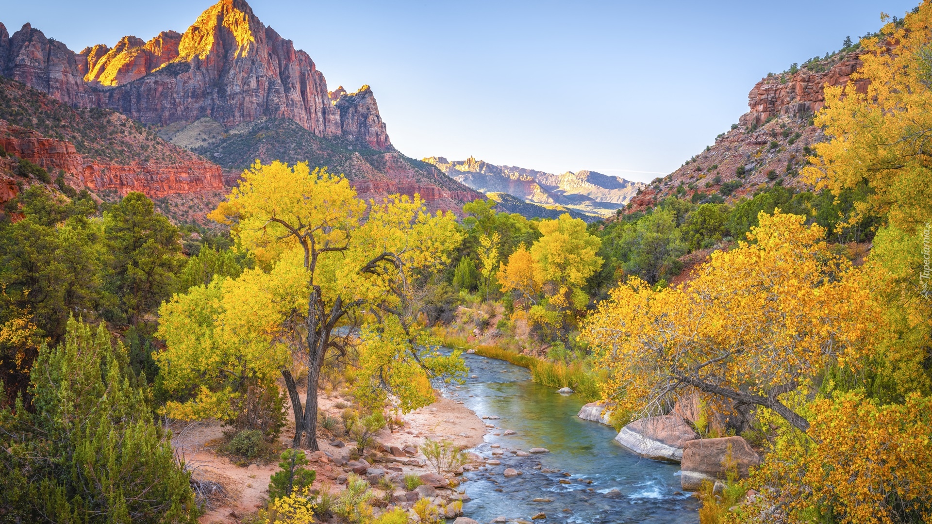 Stany Zjednoczone, Stan Utah, Park Narodowy Zion, Góry Watchman, Rzeka, Virgin River, Jesień, Kamienie, Drzewa