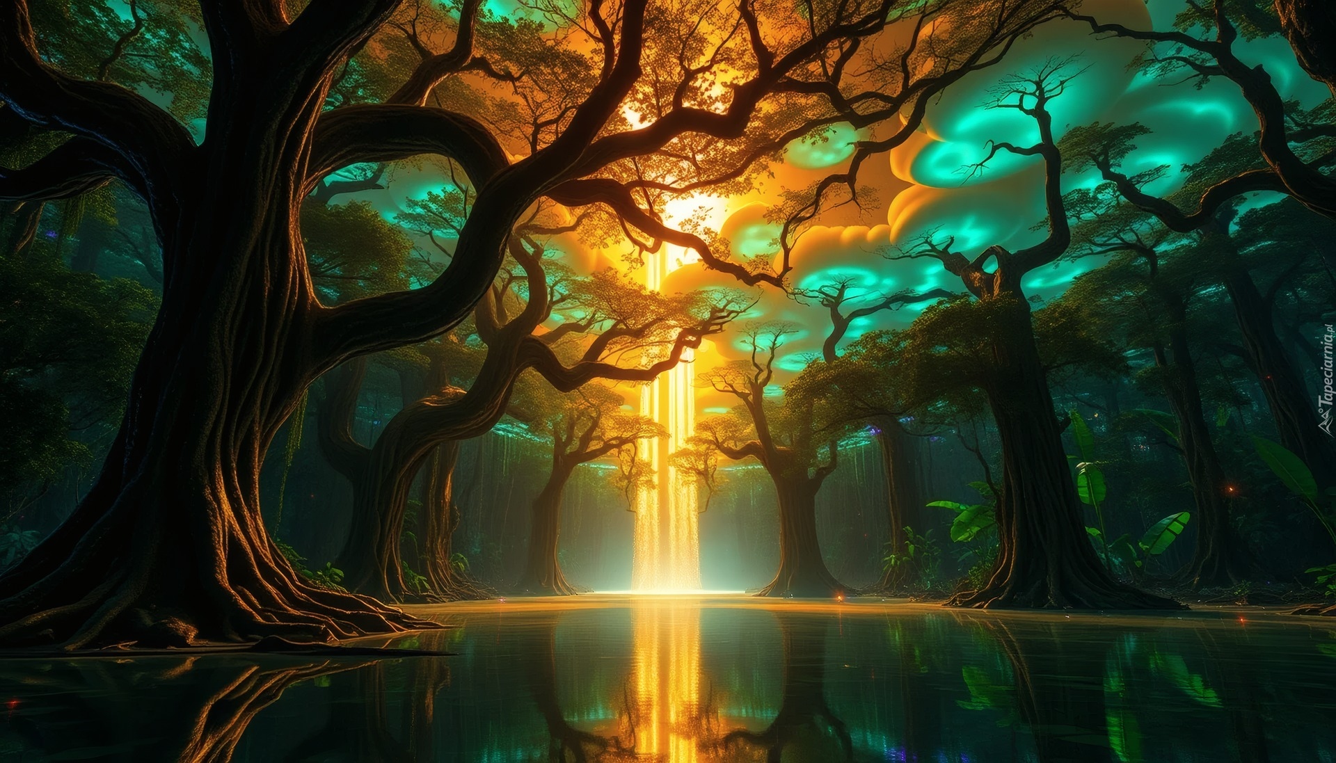 Krajobraz, Sceniczny, Przyroda, Natura, Drzewa, Światło, Odbicia, Woda, Fantasy
