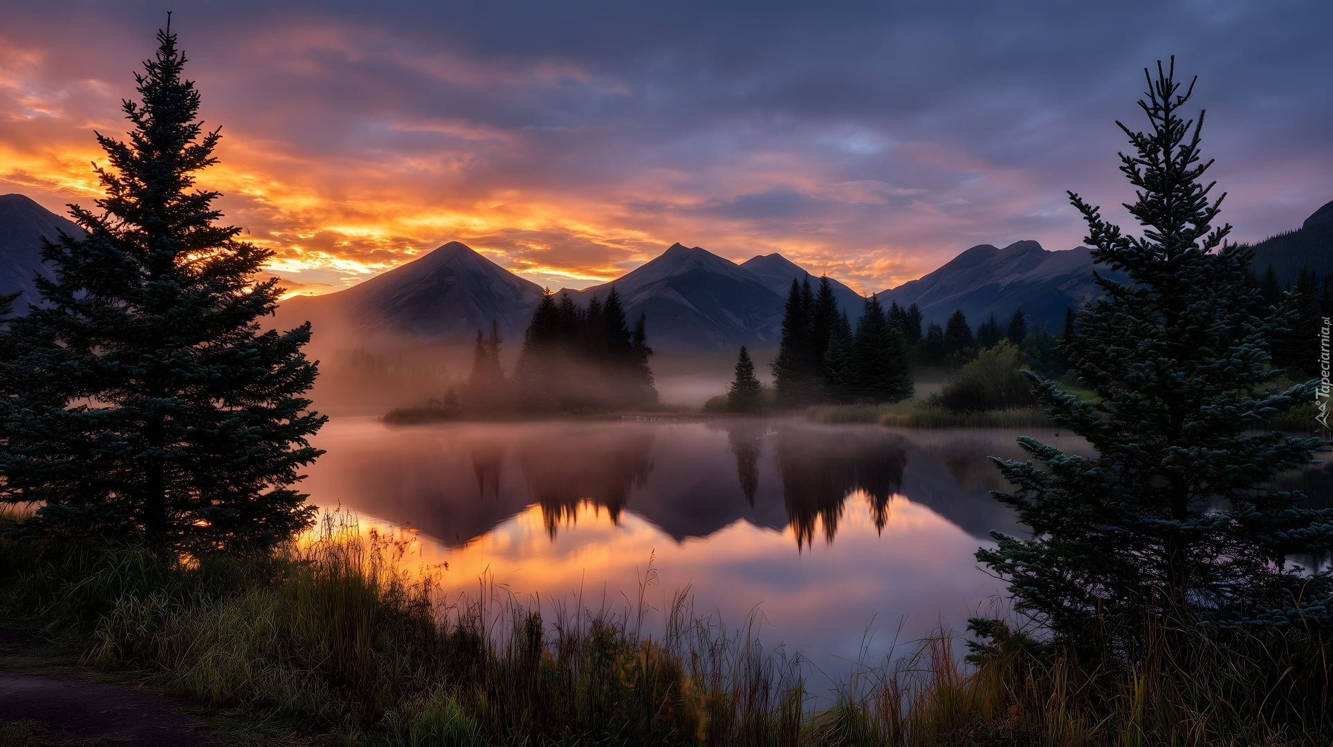 Drzewa, Jezioro, Góry, Zachód słońca, Grafika AI