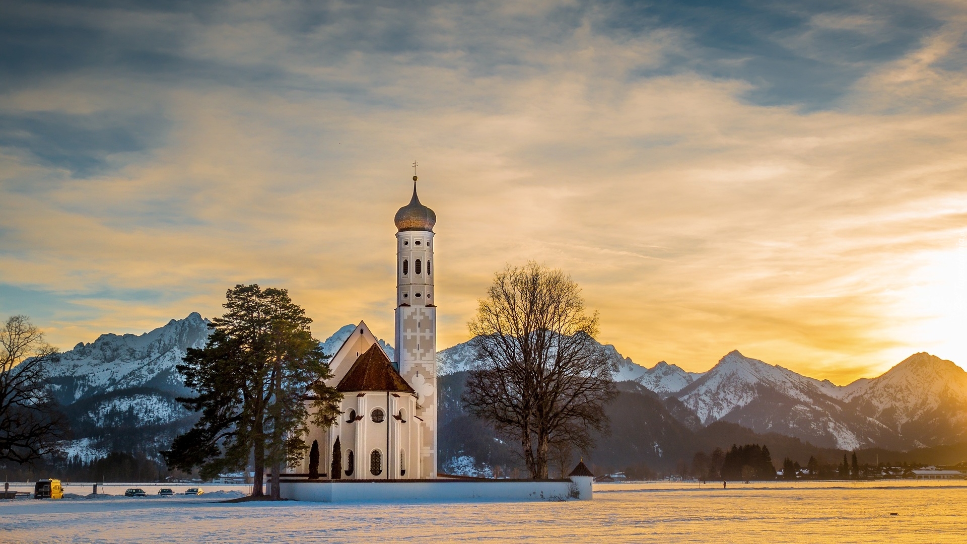 Kościół, Eglise Saint Coloman, Góry Alpy, Las, Drzewa, Zachód słońca, Miejscowość Schwangau, Bawaria, Niemcy
