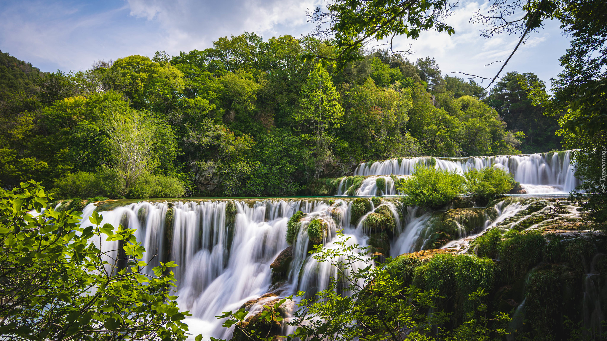 Wodospad, Skadinski, Drzewa, Las, Park Narodowy Krka, Chorwacja