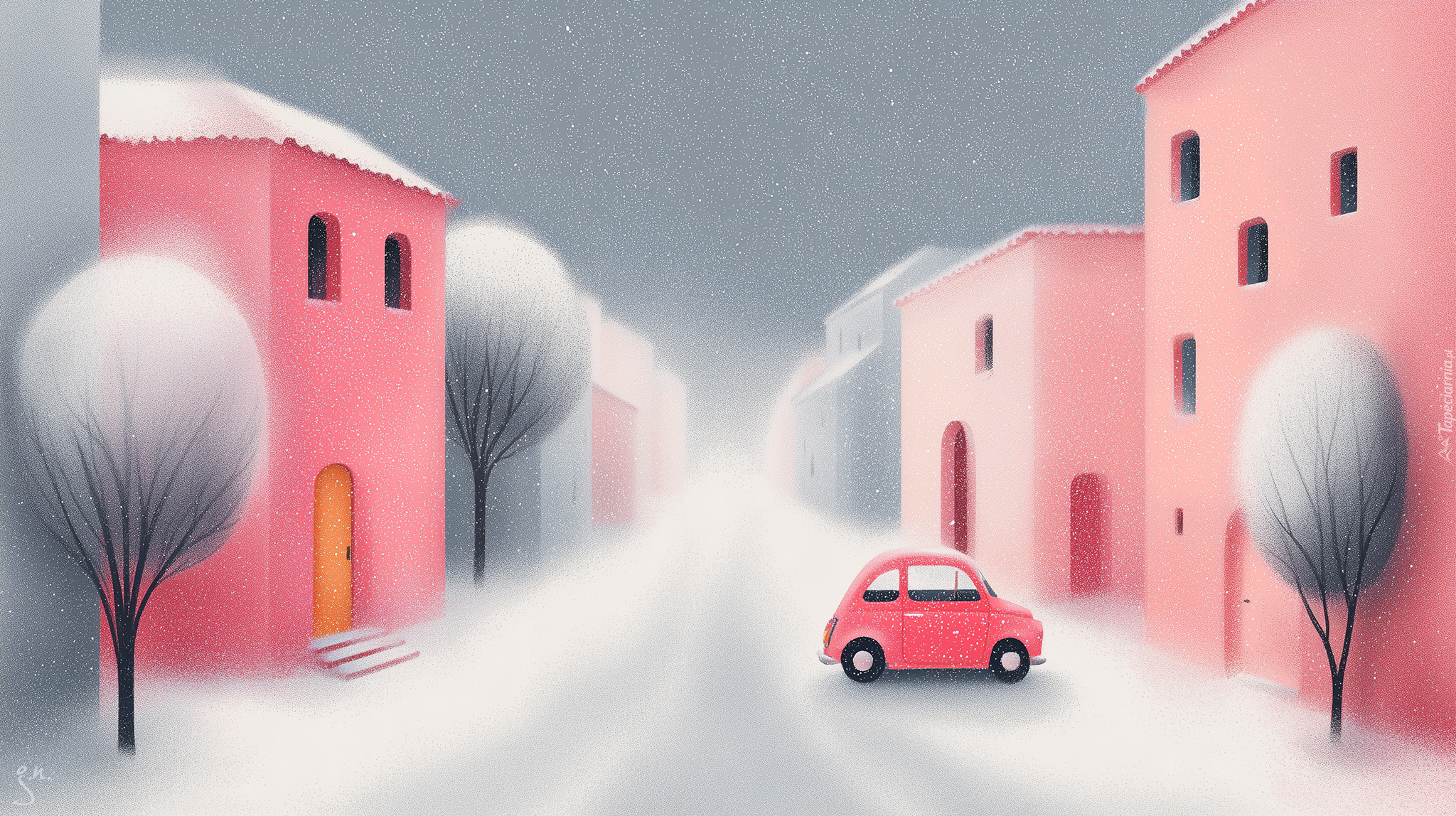 Różowe, Domy, Samochód, Zima, Drzewa, Grafika AI