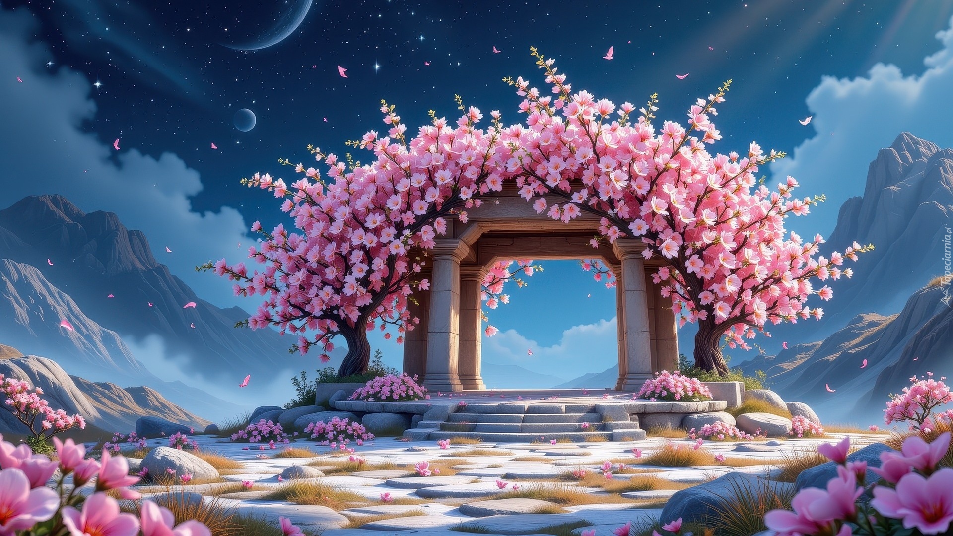Niebo, Gwiazdy, Księżyc, Budowla, Schody, Kwitnące, Drzewo, Różowe, Kwiaty