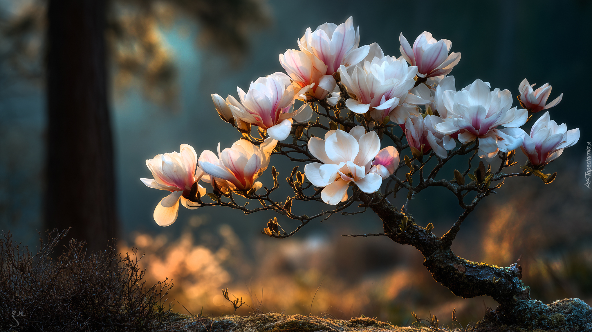 Magnolia, Krzew, Różowe, Kwiaty, Bonsai, Grafika AI