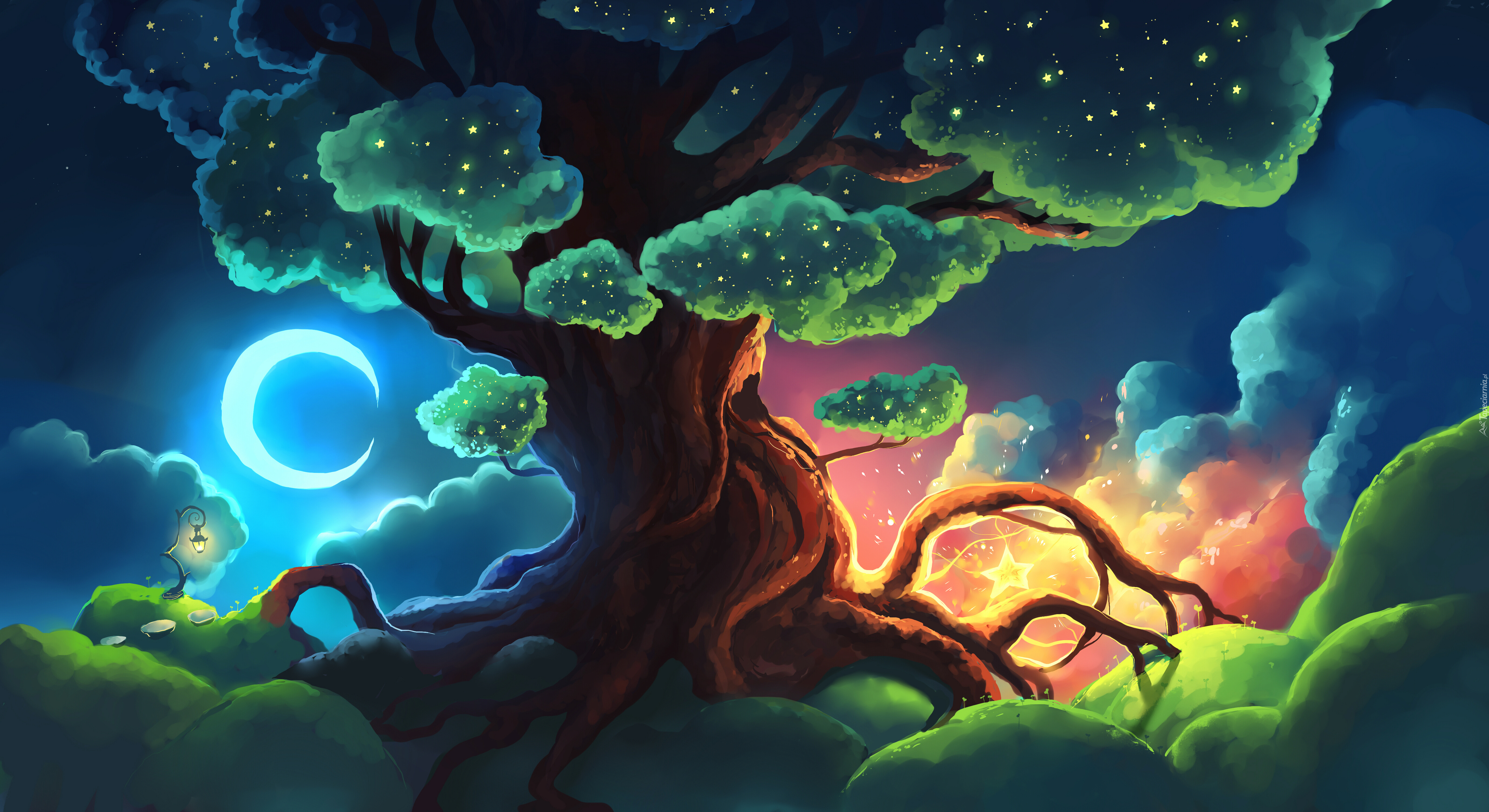 Drzewo, Gwiazdy, Księżyc, Chmura, Korzenie, Digital Art