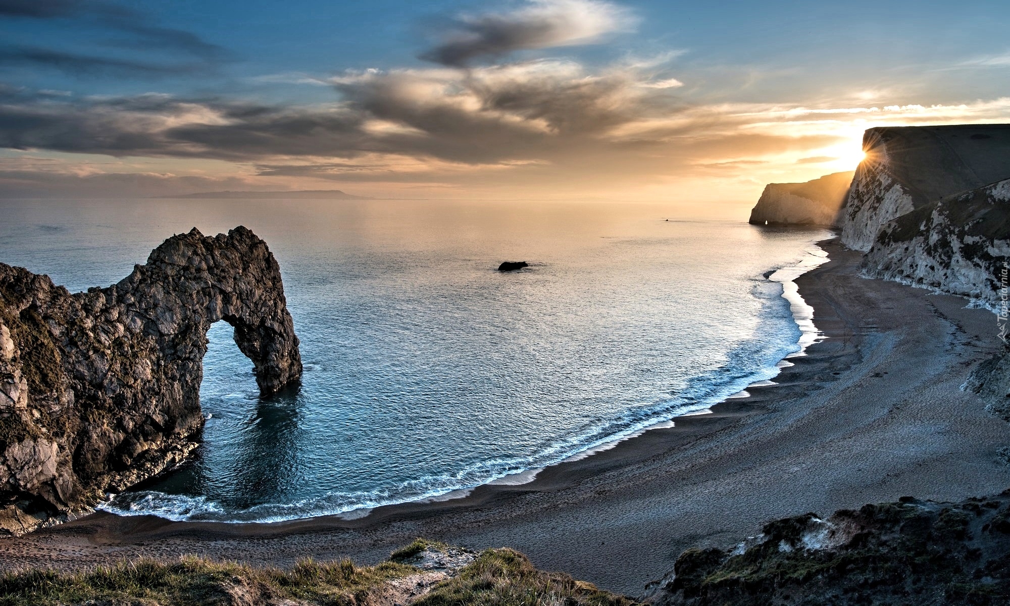 Anglia, Wybrzeże Jurajskie, Morze, Skały, Łuk wapienny, Durdle Door, Brzeg, Wschód słońca