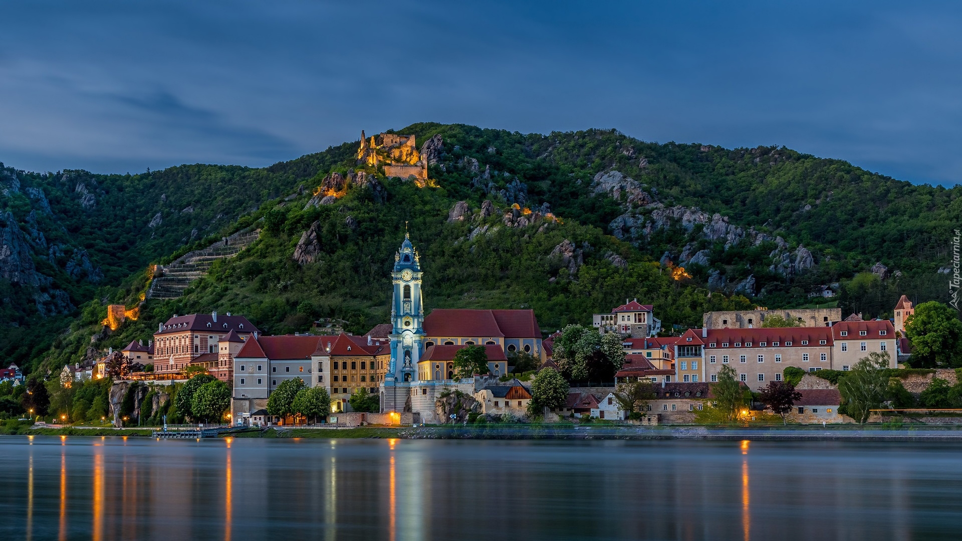 Góry, Rzeka Dunaj, Budowle, Domy, Drzewa, Kościół, Klasztor, Durnstein, Austria