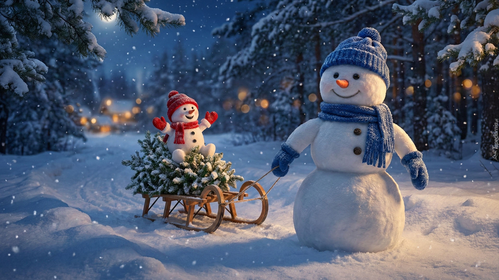 Zima, Las, Bałwanki, Sanki