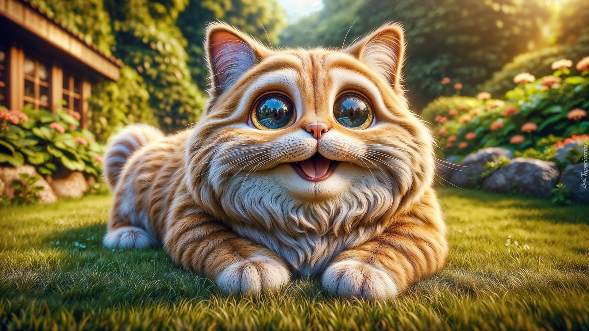 Puszysty, Rudy, Kot, Trawnik, Grafika AI