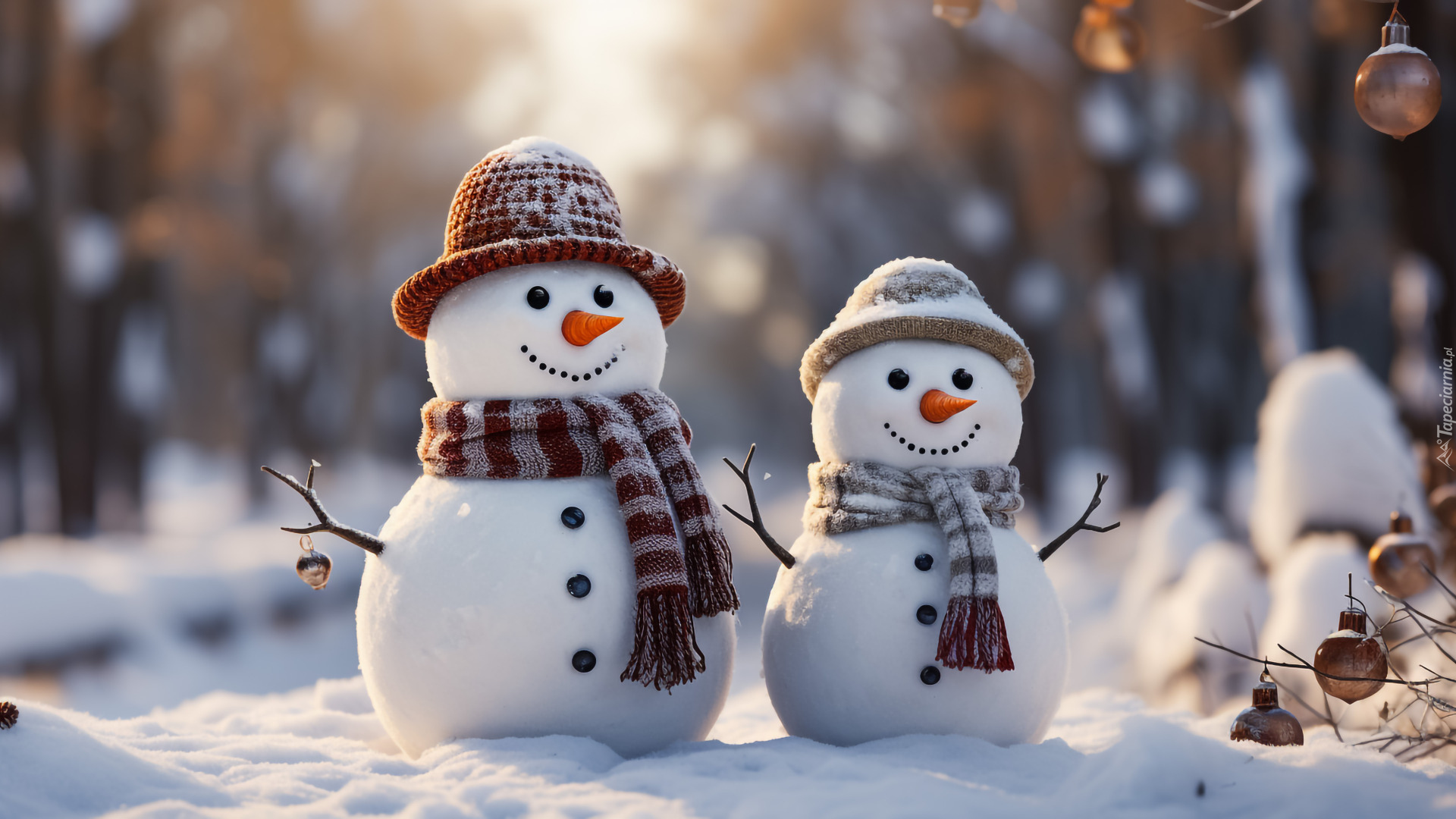 Dwa, Bałwanki, Czapki, Szaliki, Zima, Śnieg