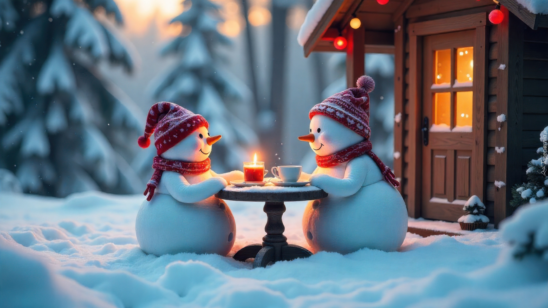 Zima, Śnieg, Dwa, Bałwanki, Czapki, Szaliki, Stolik, Świeca, Dom, AI