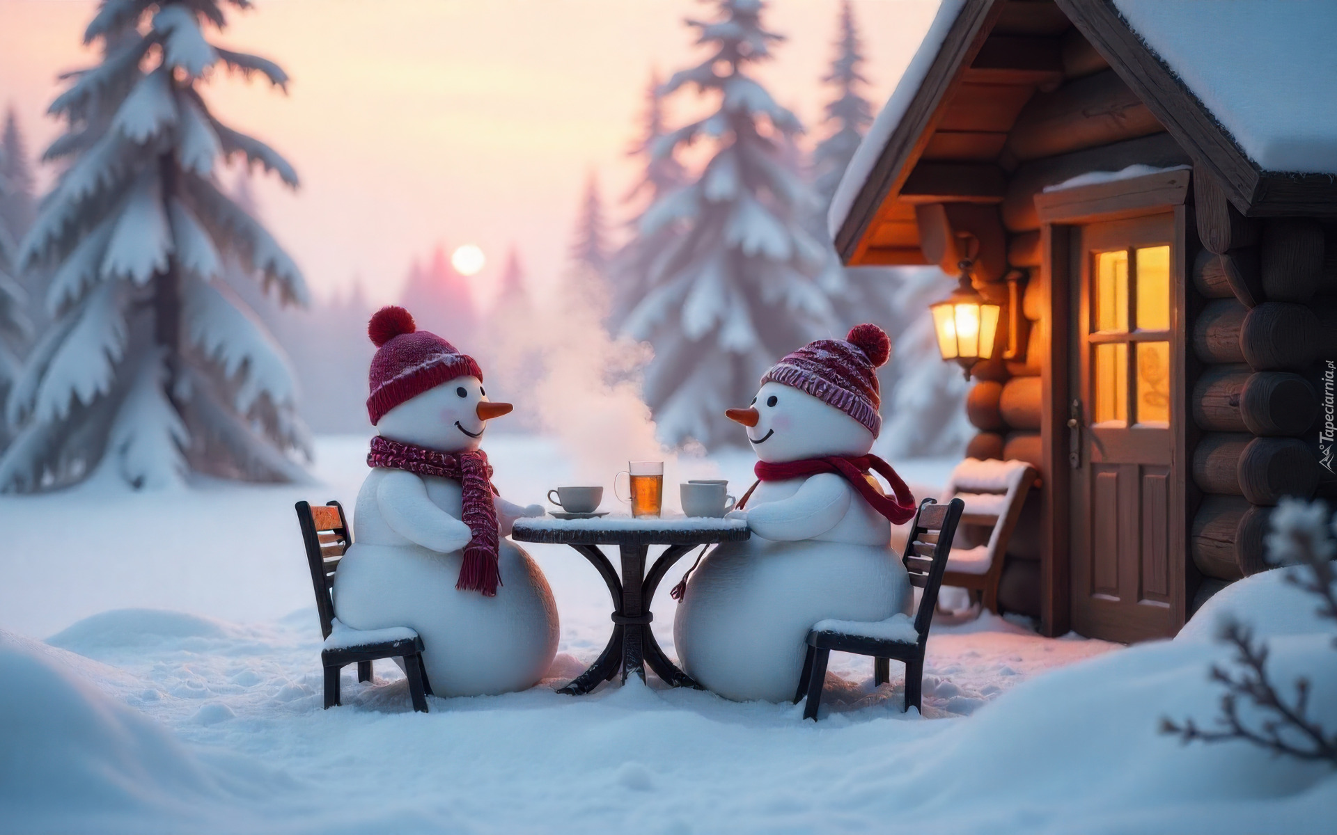 Zima, Dwa, Bałwanki, Czapki, Szaliki, Stolik, Krzesła, Dom