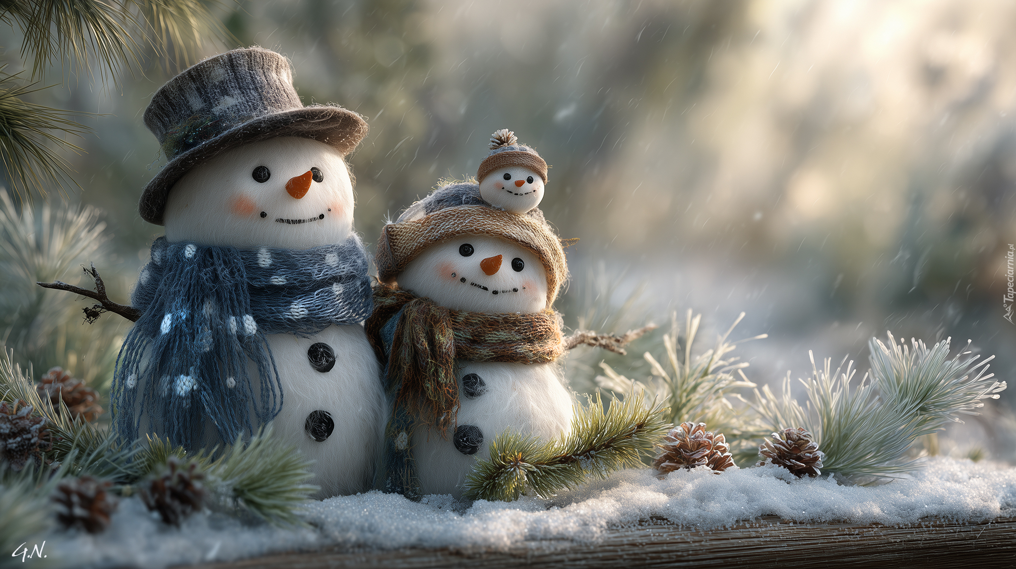 Dwa, Bałwanki, Kapelusze, Szaliki, Gałązki, Szyszki, Grafika AI