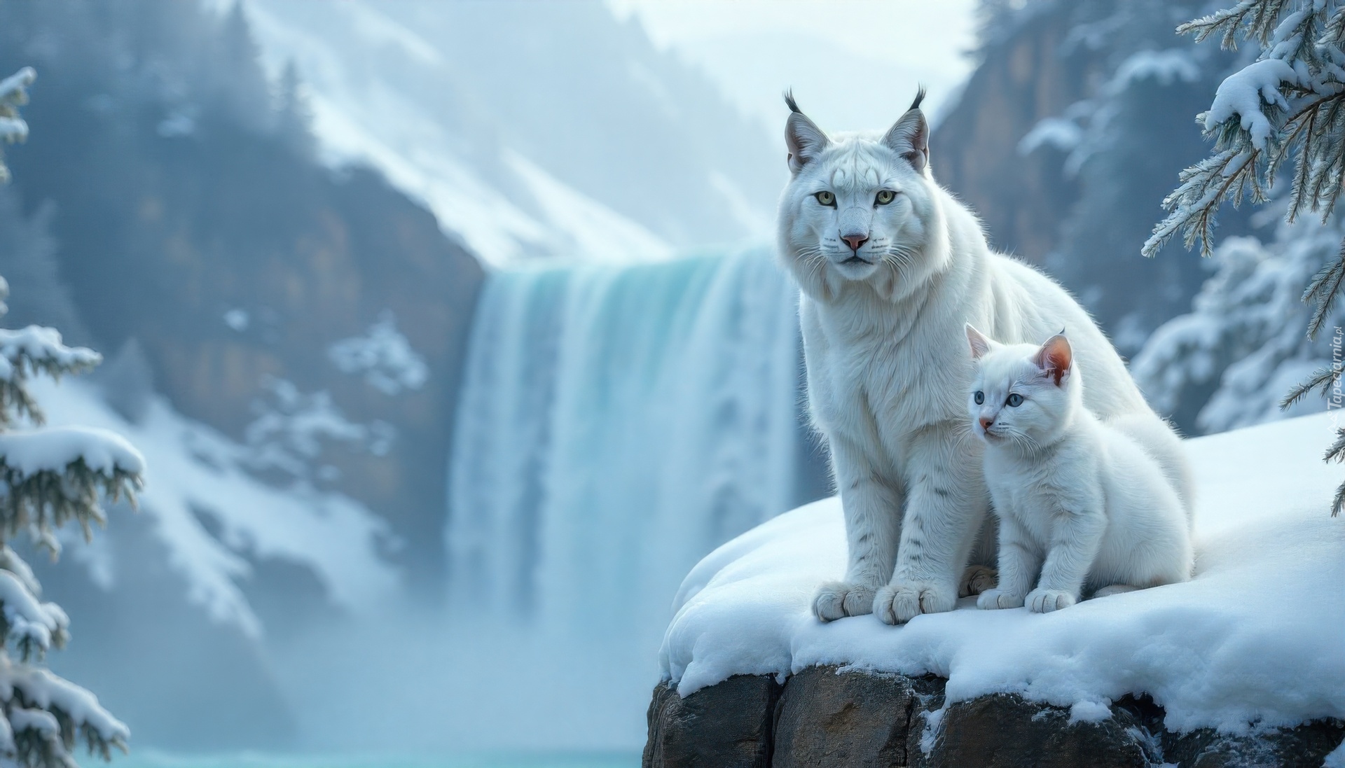 Białe, Rysie, Zima, Wodospad, Grafika AI
