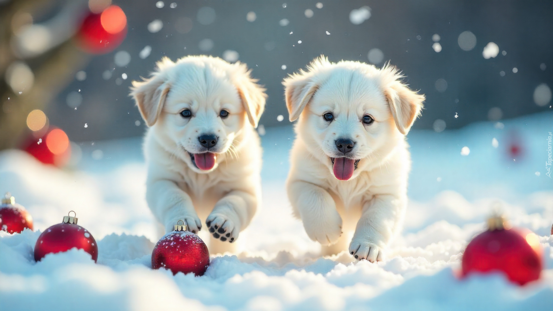 Dwa, Białe, Psy, Szczeniaki, Śnieg, Bombki, AI
