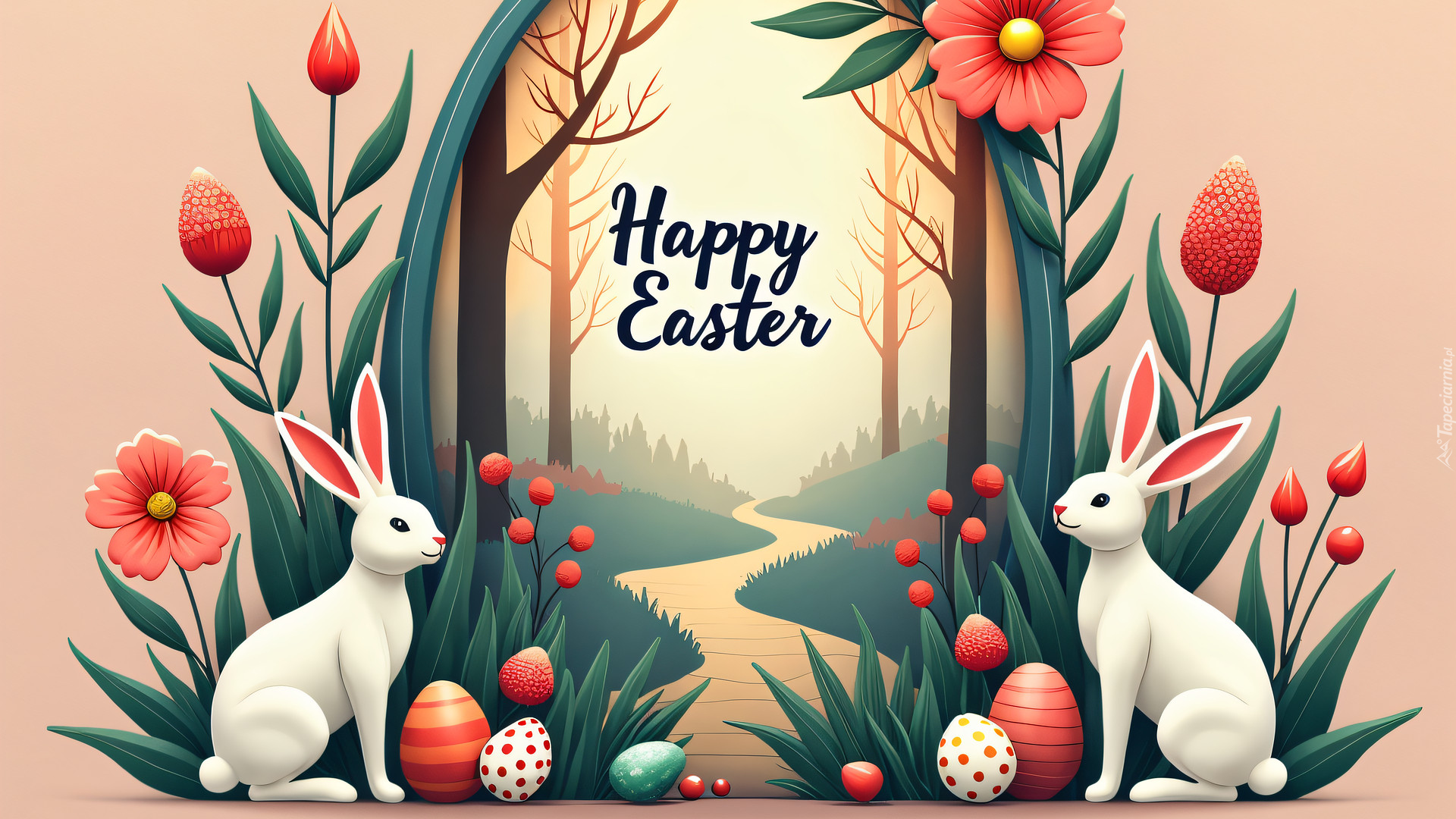 Grafika, Wielkanoc, Pisanki, Dwa, Zające, Czerwone, Kwiaty, Napis, Happy Easter