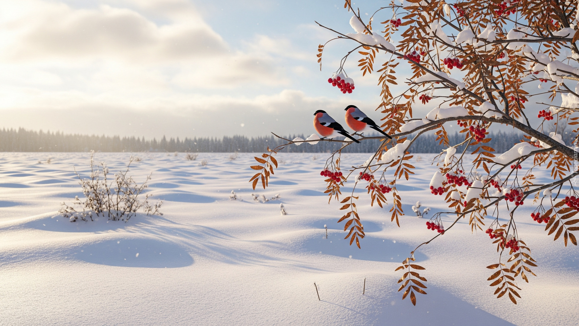 Zima, Dwa, Gile, Gałązki, Czerwone, Jarzębina, Owoce, Pole, Snieg