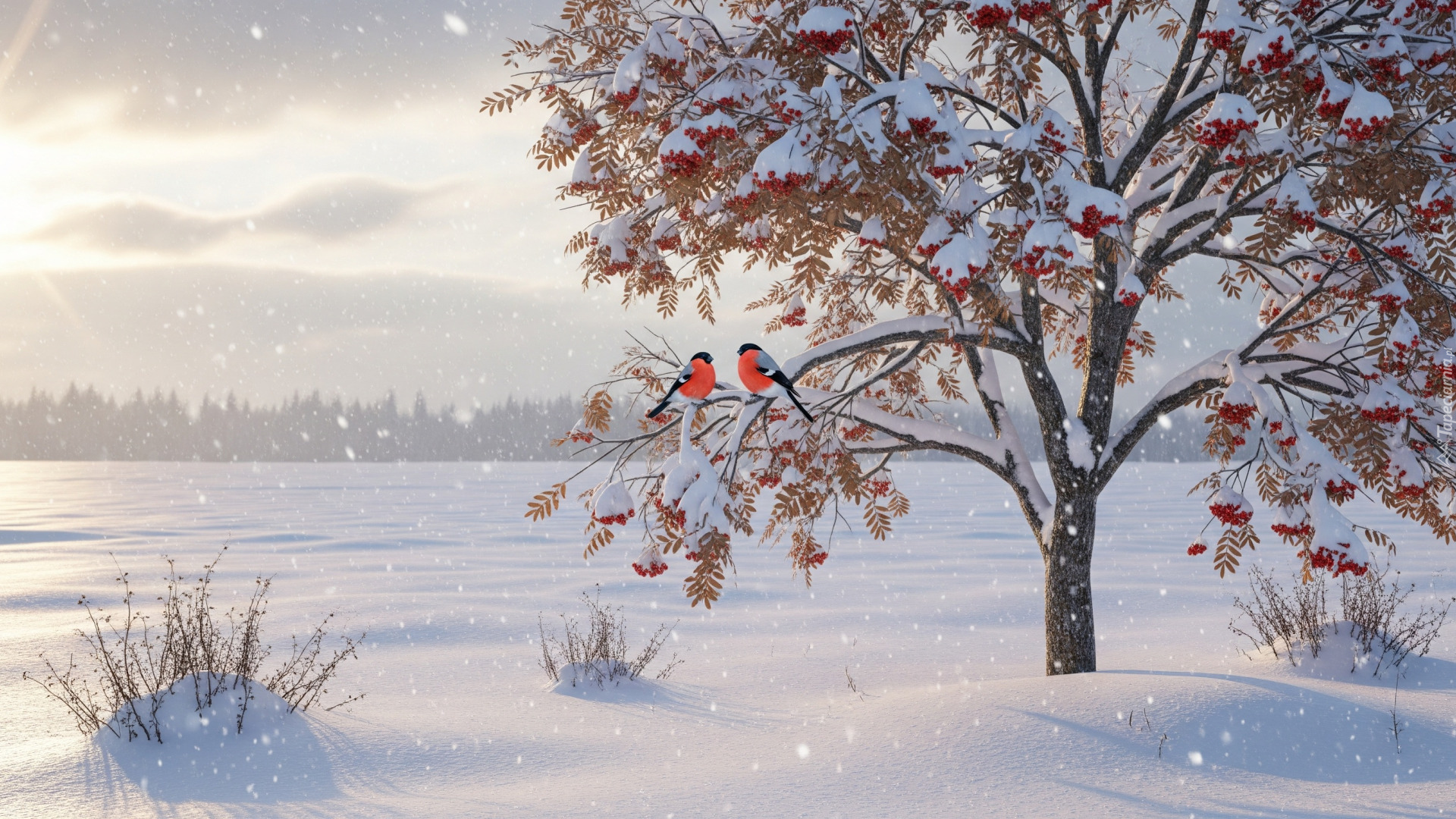 Zima, Jarzębina, Ptaki, Gile, Pole