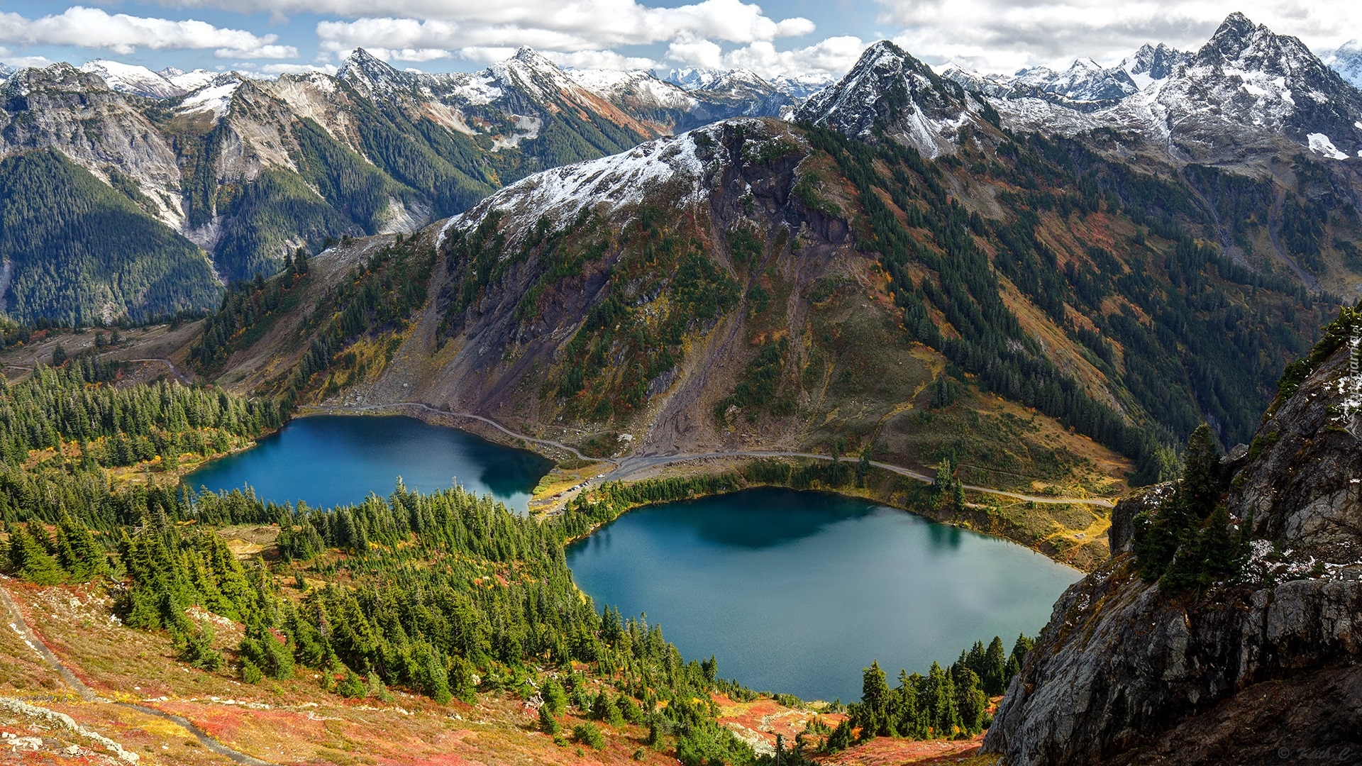 Porośnięte, Góry Kaskadowe, Winchester Mountain, Jeziora, Twin Lakes, Drzewa, Śnieg, Stan Waszyngton, Stany Zjednoczone