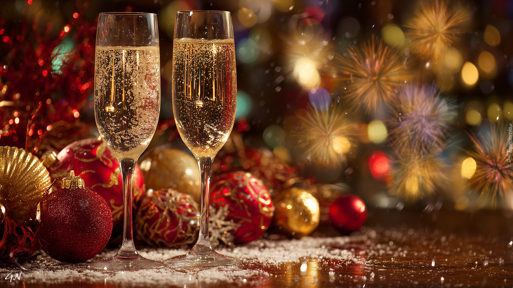 Kieliszki, Szampan, Bombki, Fajerwerki, Sylwester, Grafika AI
