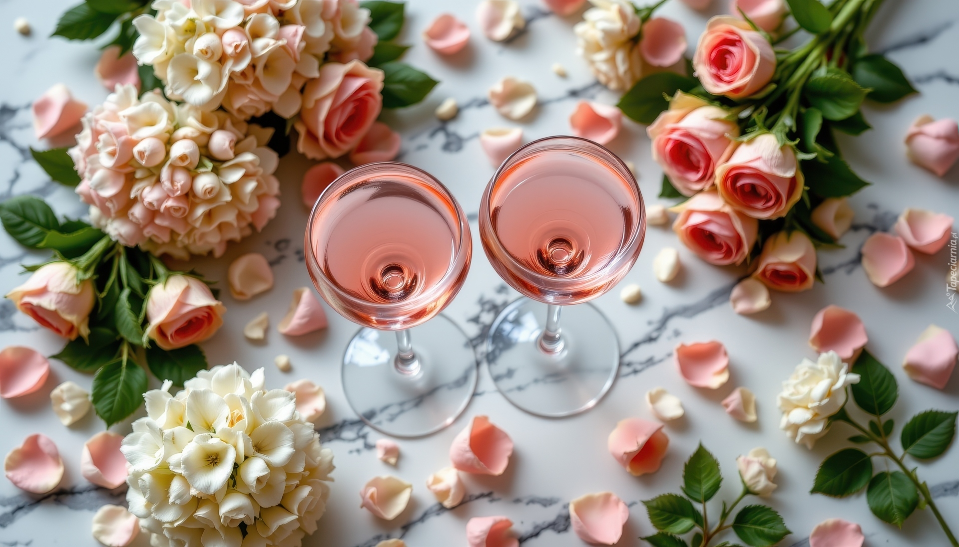 Wino, Kieliszki, Kwiaty, Róże, Hortensje, AI