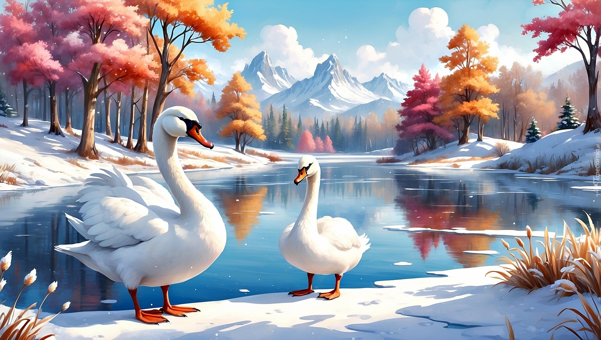 Ptaki, Łabędzie, Jezioro, Drzewa